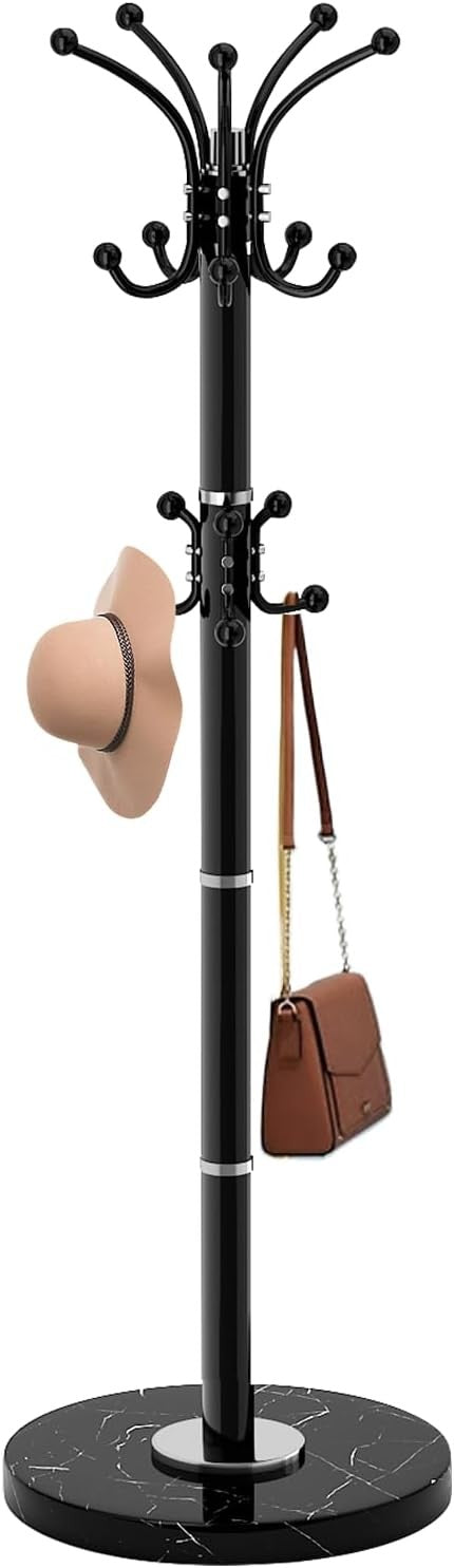Black Metal Coat Rack Stand Marble Base 360° Rotating 16 Hooks Hall Tree