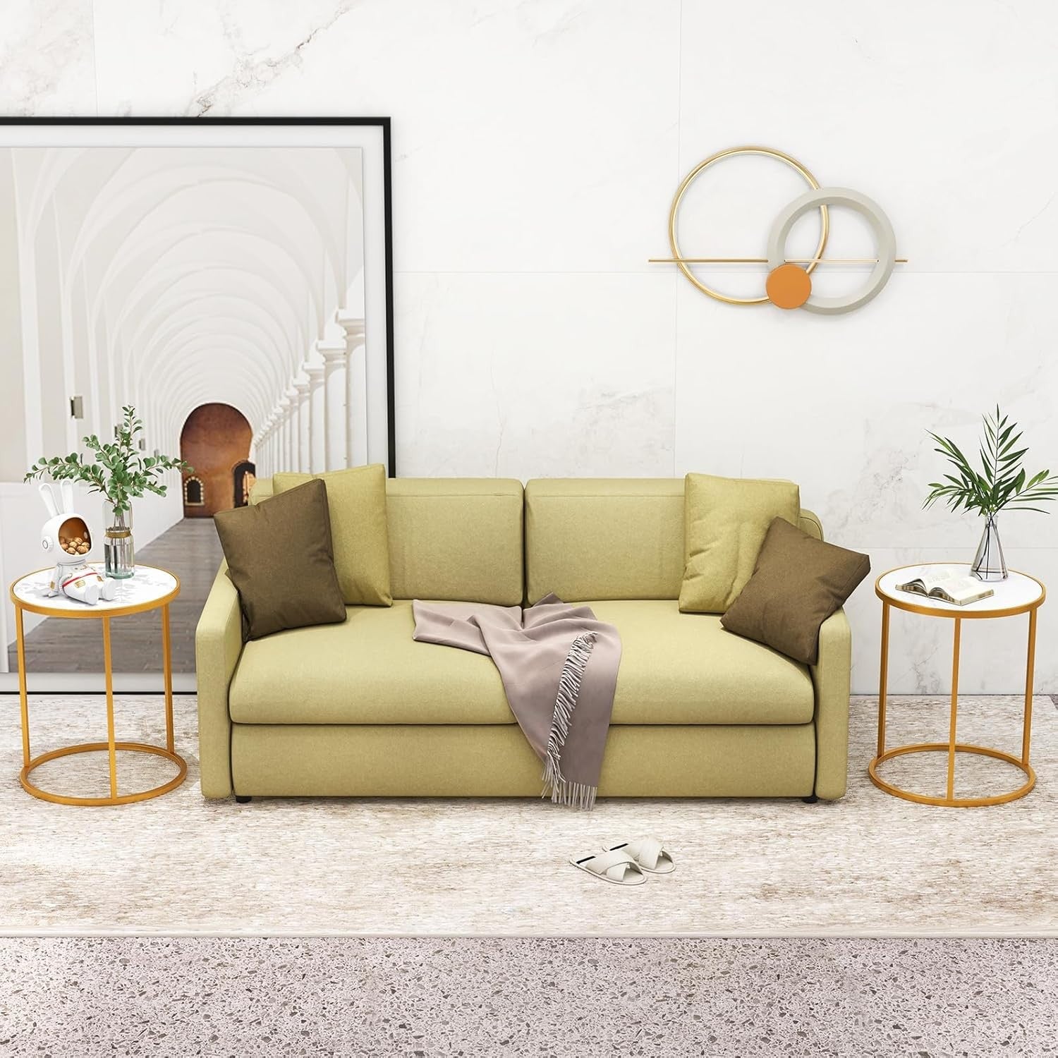 Marble Top Round Side Tables Set of 2 – Gold Metal Frame Modern End Tables