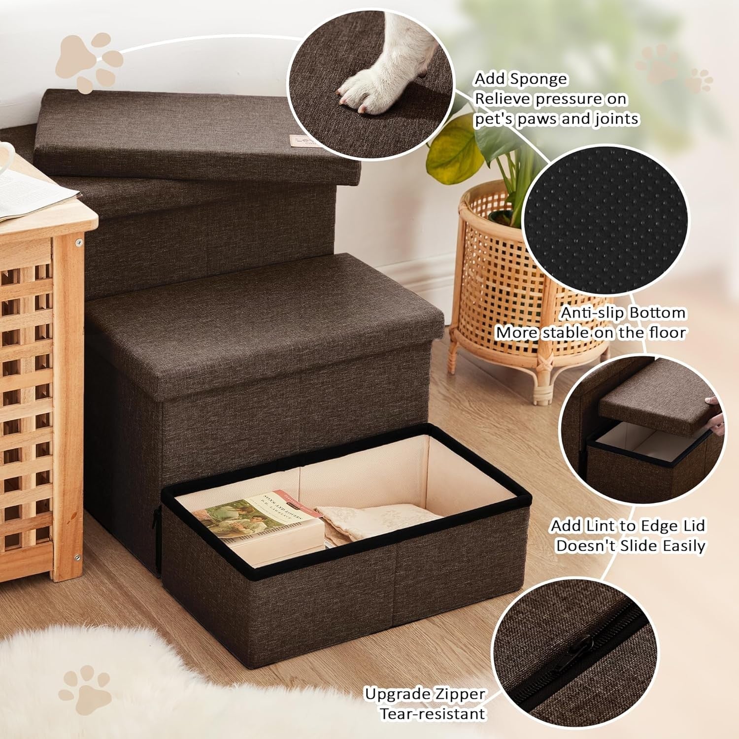 Dog Stairs 3 Step with Storage 18" High Foldable Pet Steps Coffee