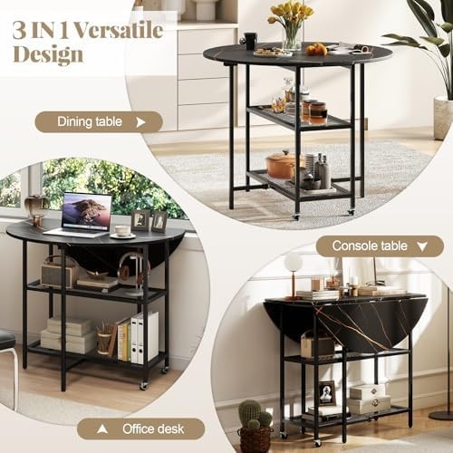 Folding Round Dining Table with Locking Wheels & 2-Tier Shelves Black