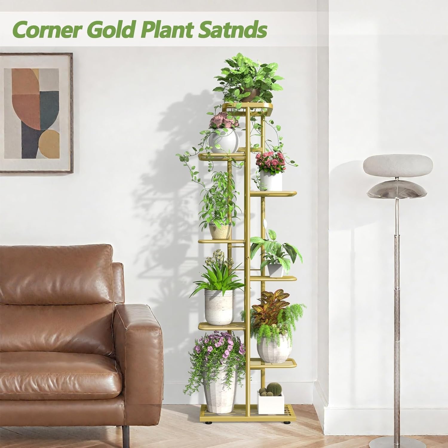 8 Tier Tall Gold Metal Plant Stand Indoor Outdoor Flower Shelf with Tools Set