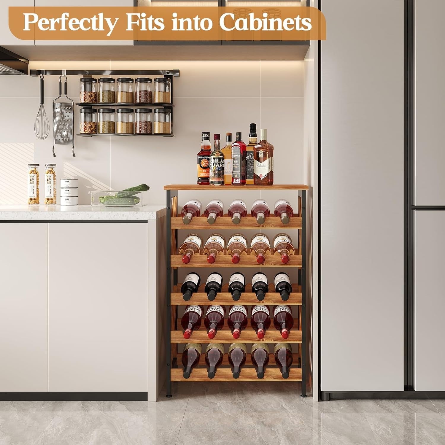 25 Bottle Wine Rack 5 Tier Rustic Floor Standing Storage Shelf with Wood Top Bar