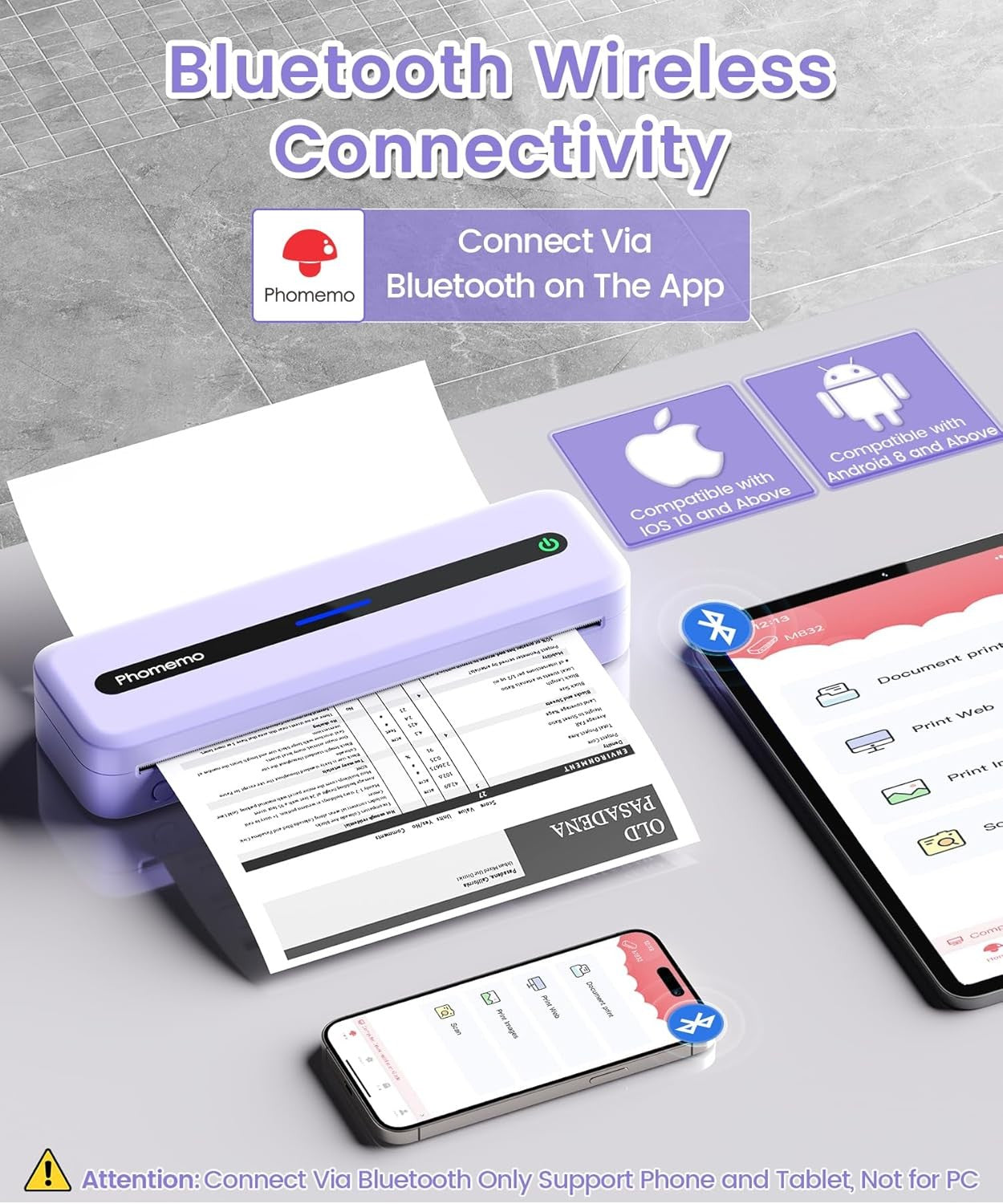 A4 Portable Thermal Printer 300DPI Bluetooth Inkless Purple