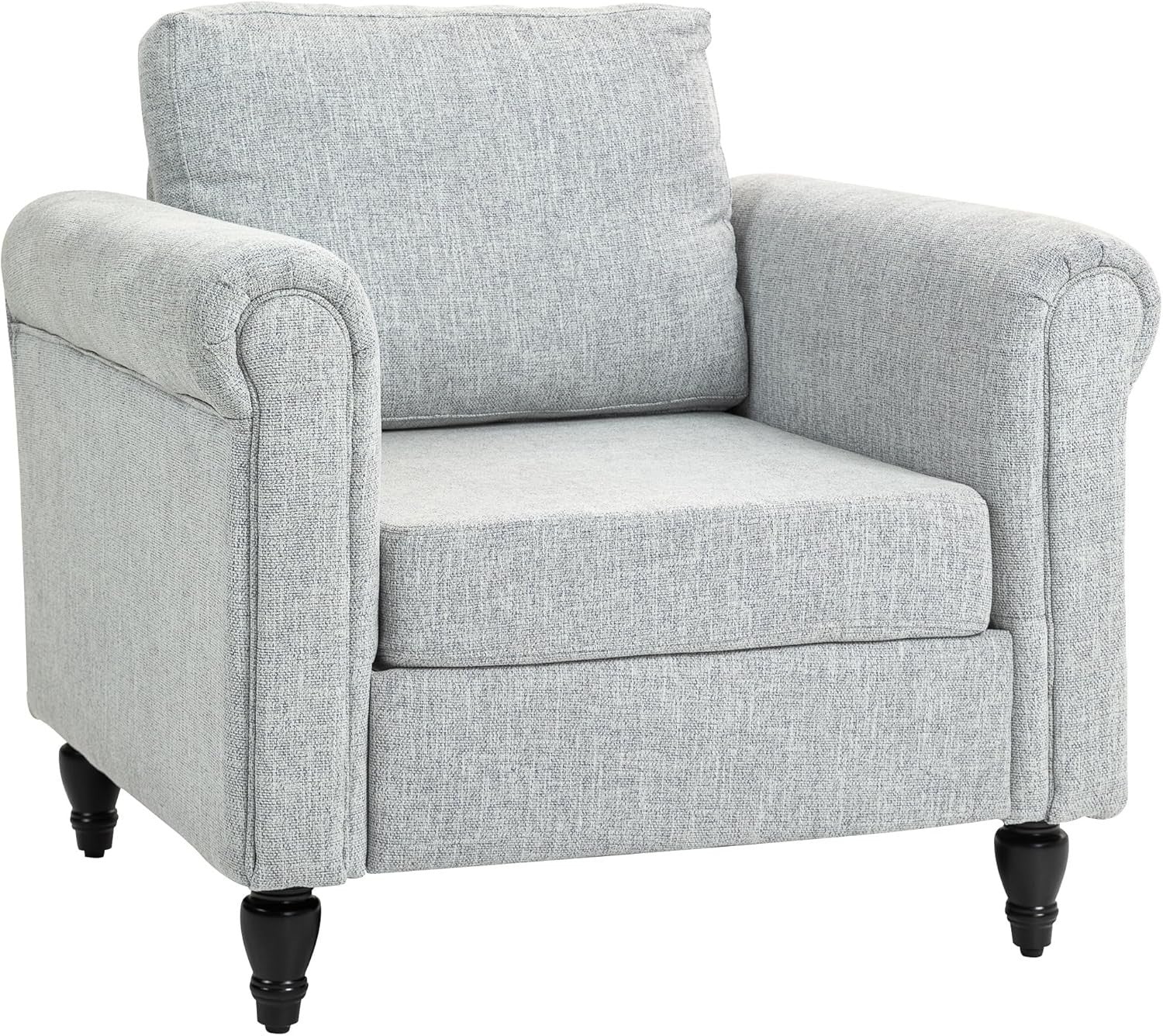 Grey Upholstered Accent Armchair with Back Pillow & Rubber Wood Legs