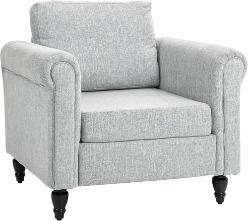 Grey Upholstered Accent Armchair with Back Pillow & Rubber Wood Legs
