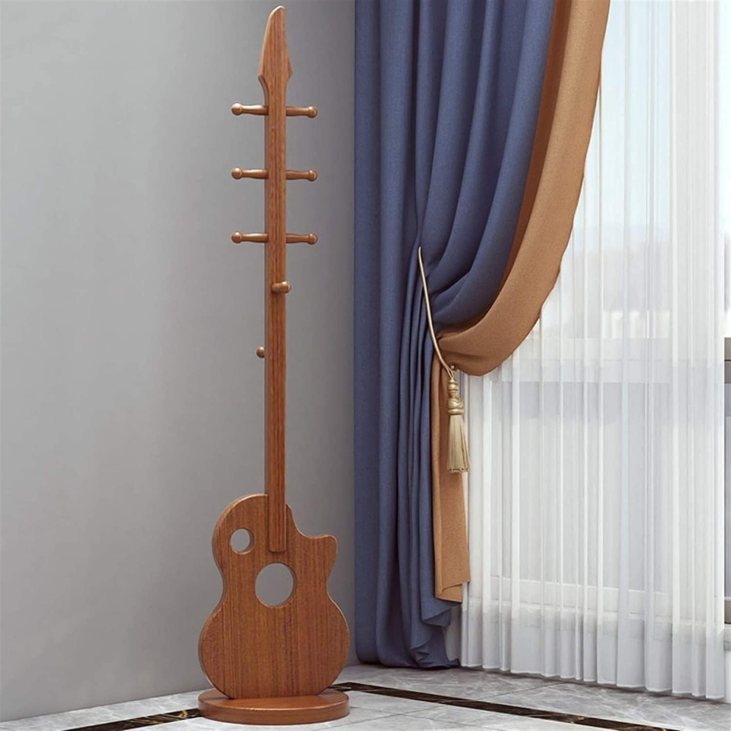 Guitar Shape Wooden Coat Rack Stand 8 Hooks Modern Freestanding Hall Tree