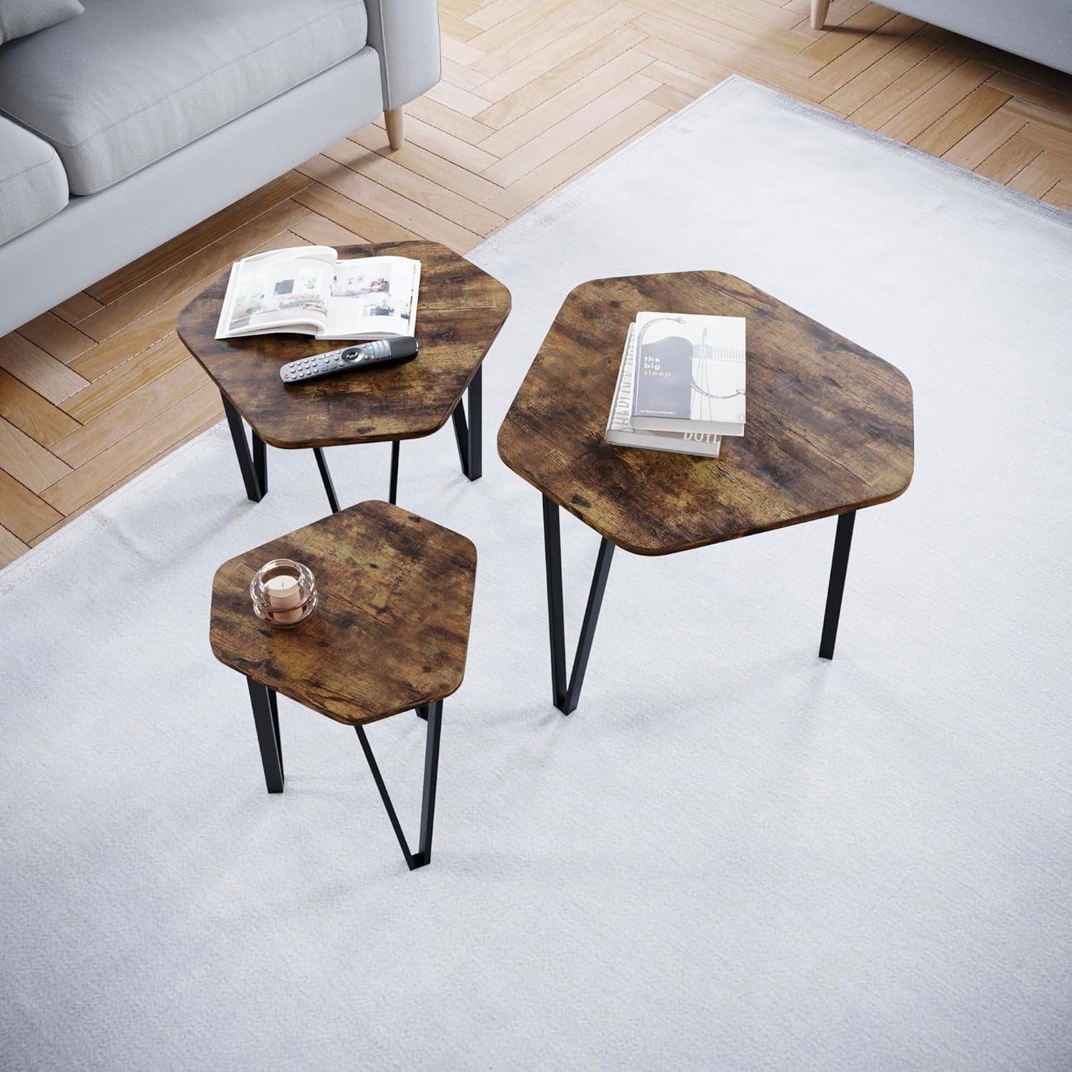 3 Nesting Coffee Tables Set Industrial Style Hexagonal Wood Metal Frame Side End