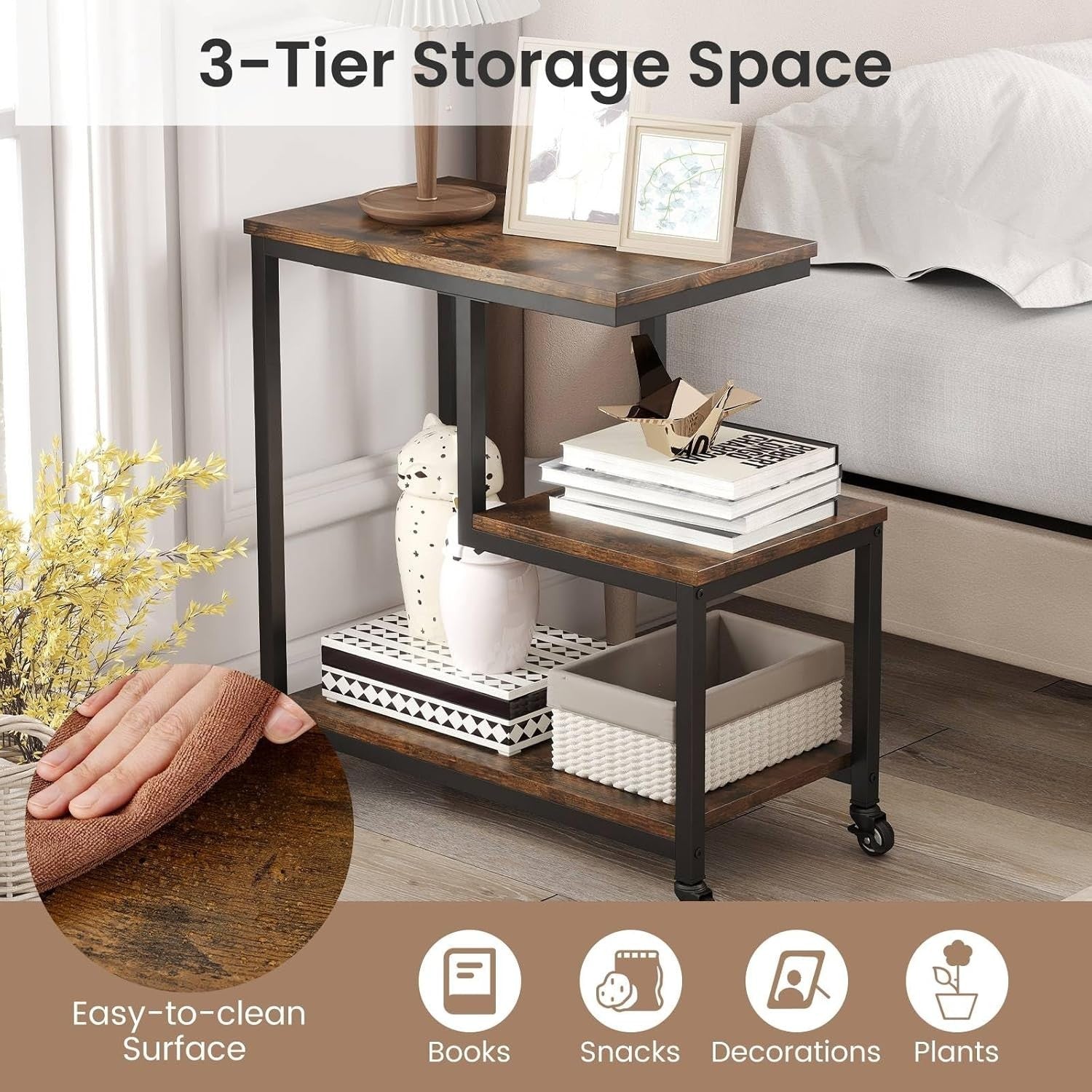 3-Tier G-Shaped Sofa Side Table with Wheels | Storage Shelf & End Stand