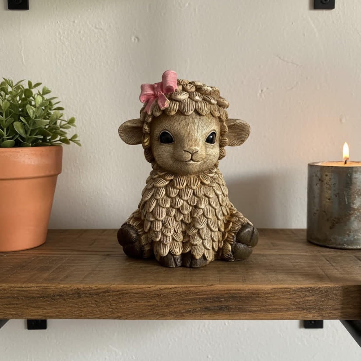 Cute Rustic Lamb Ornament with Pink Bow | Farmhouse Resin Sheep Figurine Gift