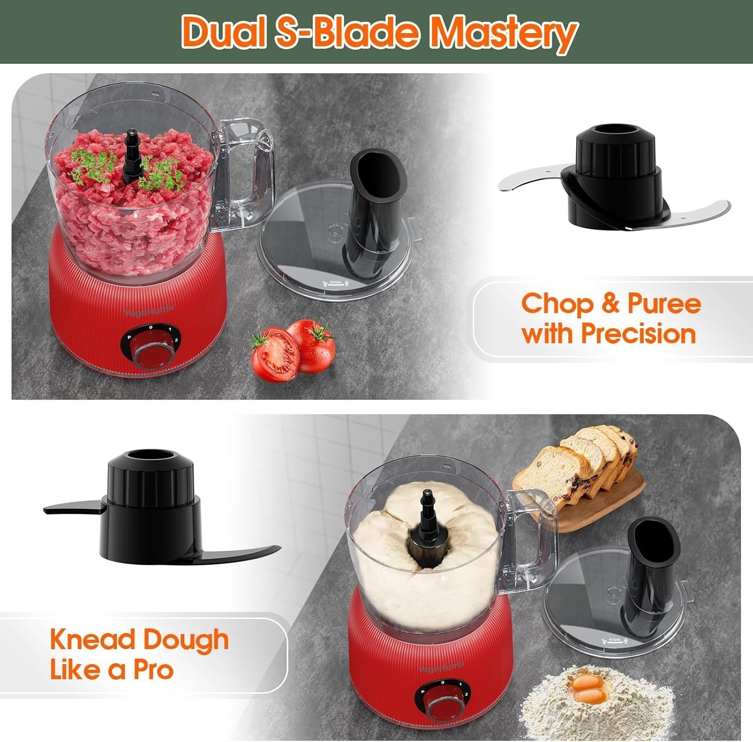 1500W Food Processor Blender Combo 2.5L Chopper 2L Glass Jar Red