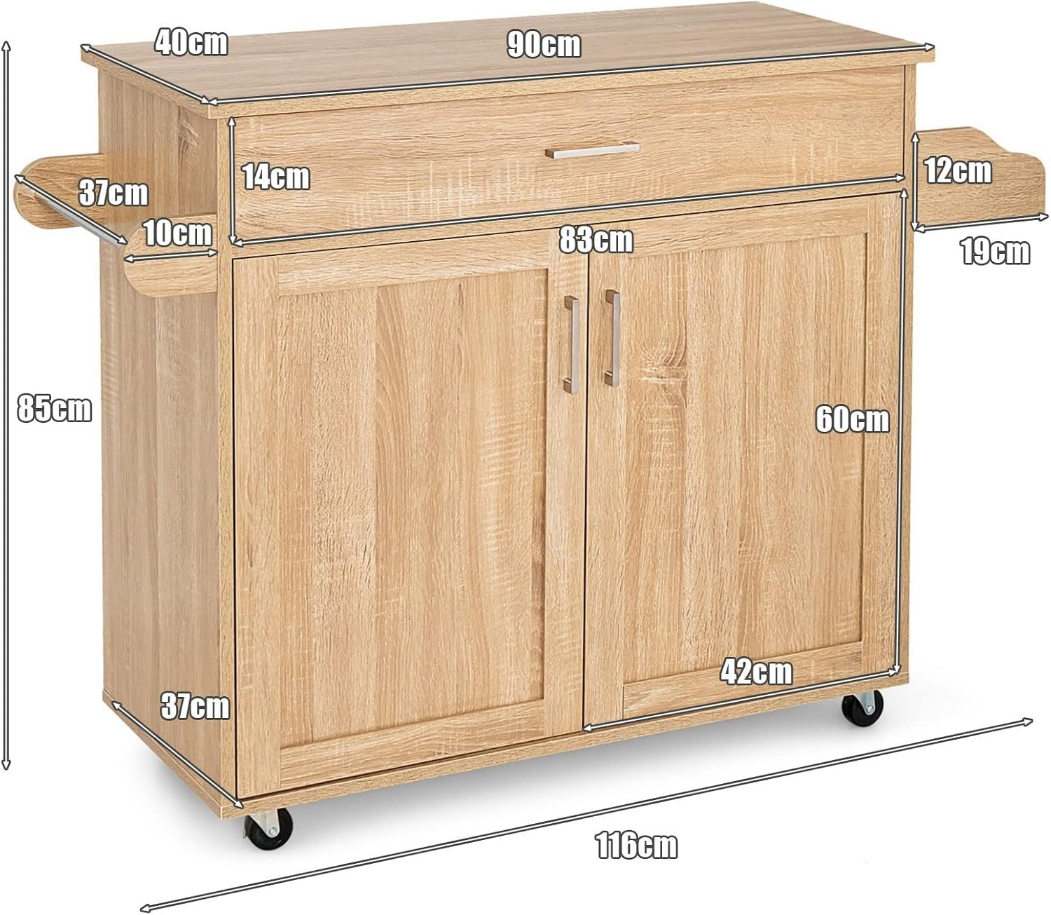 Large Kitchen Island Trolley Drawer Cabinet 116cm Natural