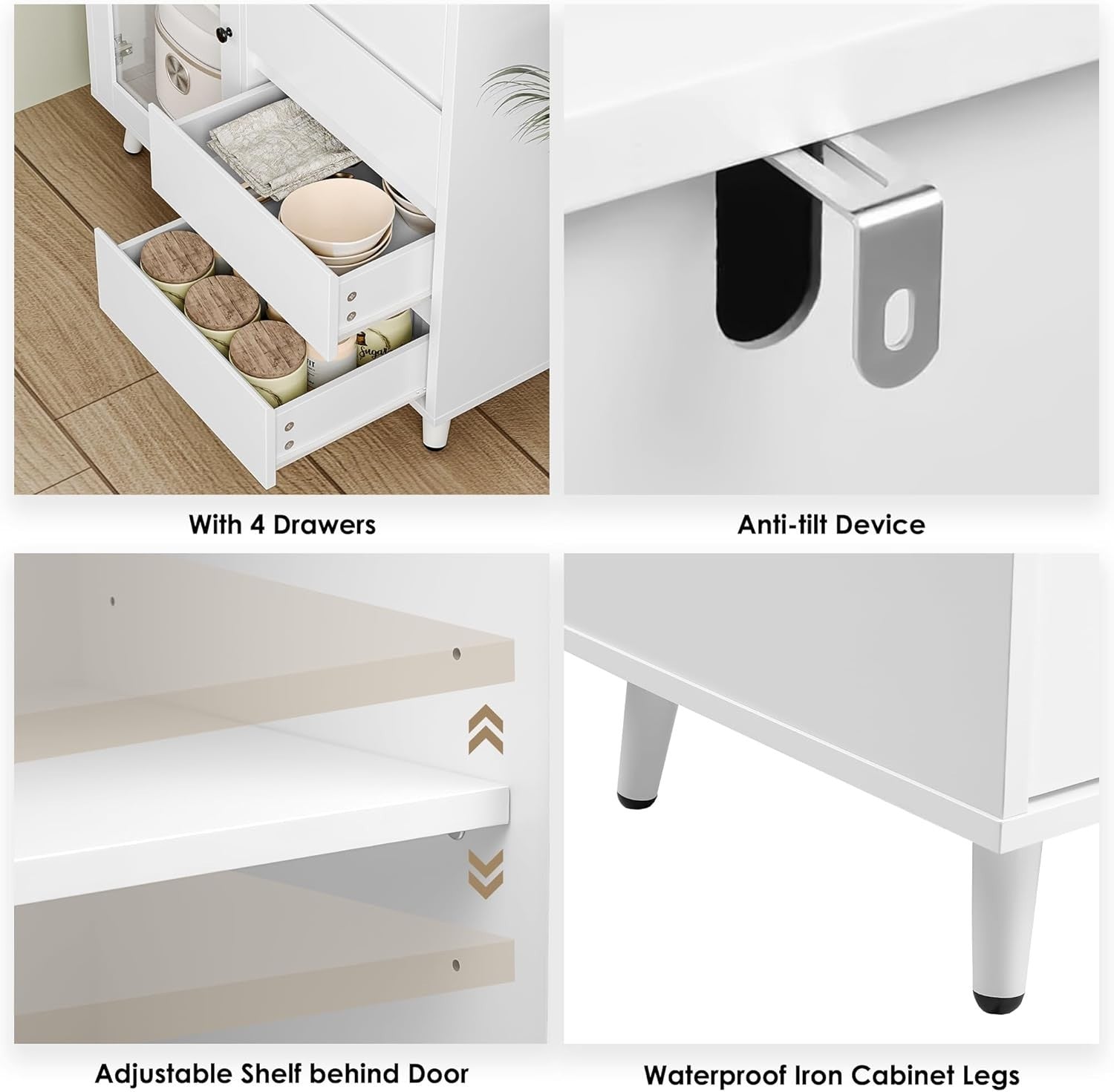 White Tall Kitchen Cupboard 180cm 2 Glass Doors 4 Drawers