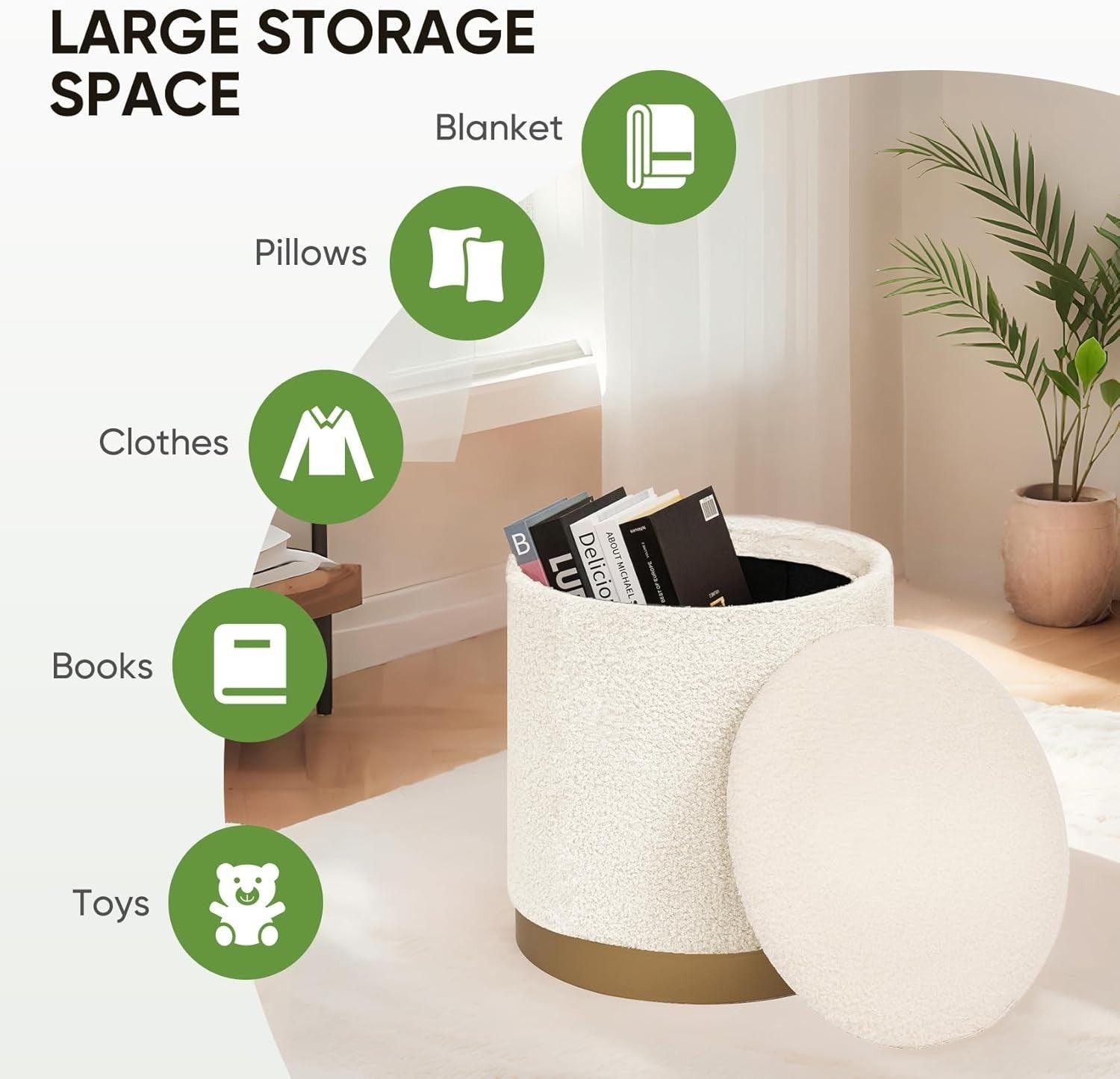 White Boucle Storage Ottoman Round Folding Footrest with Reversible Tray Lid
