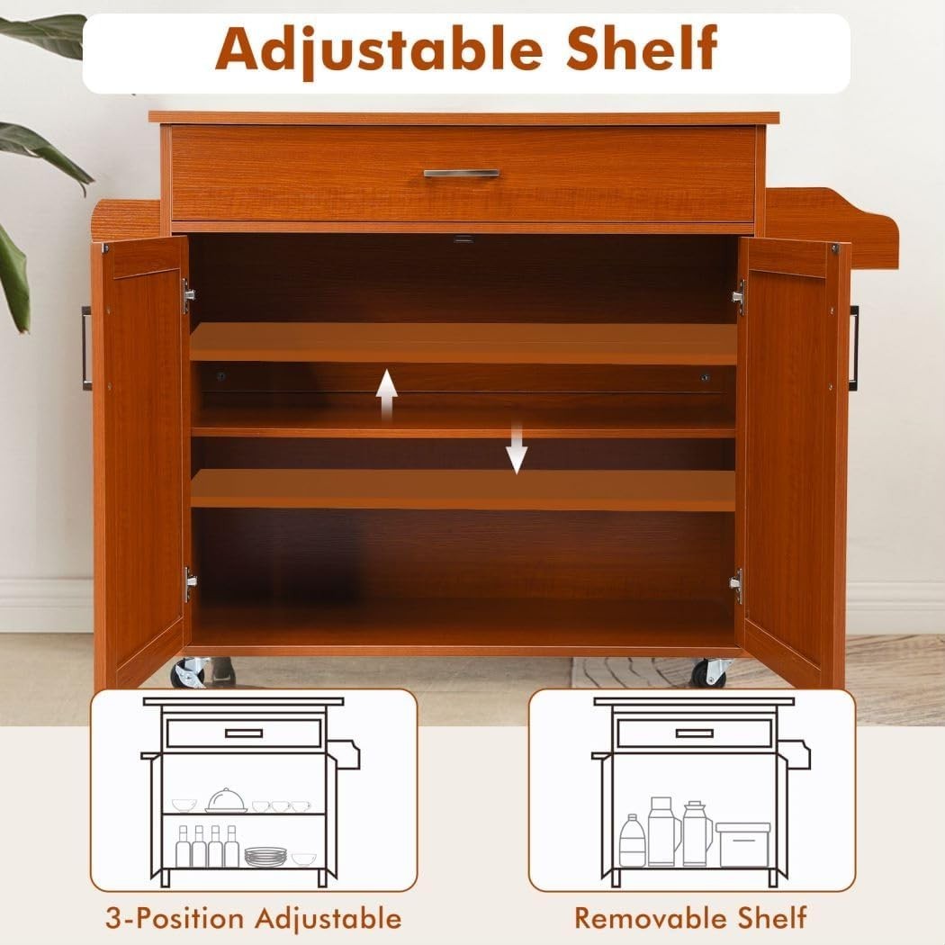 Reddish Brown Kitchen Island Cart with Cabinet, Drawer & Lockable Wheels
