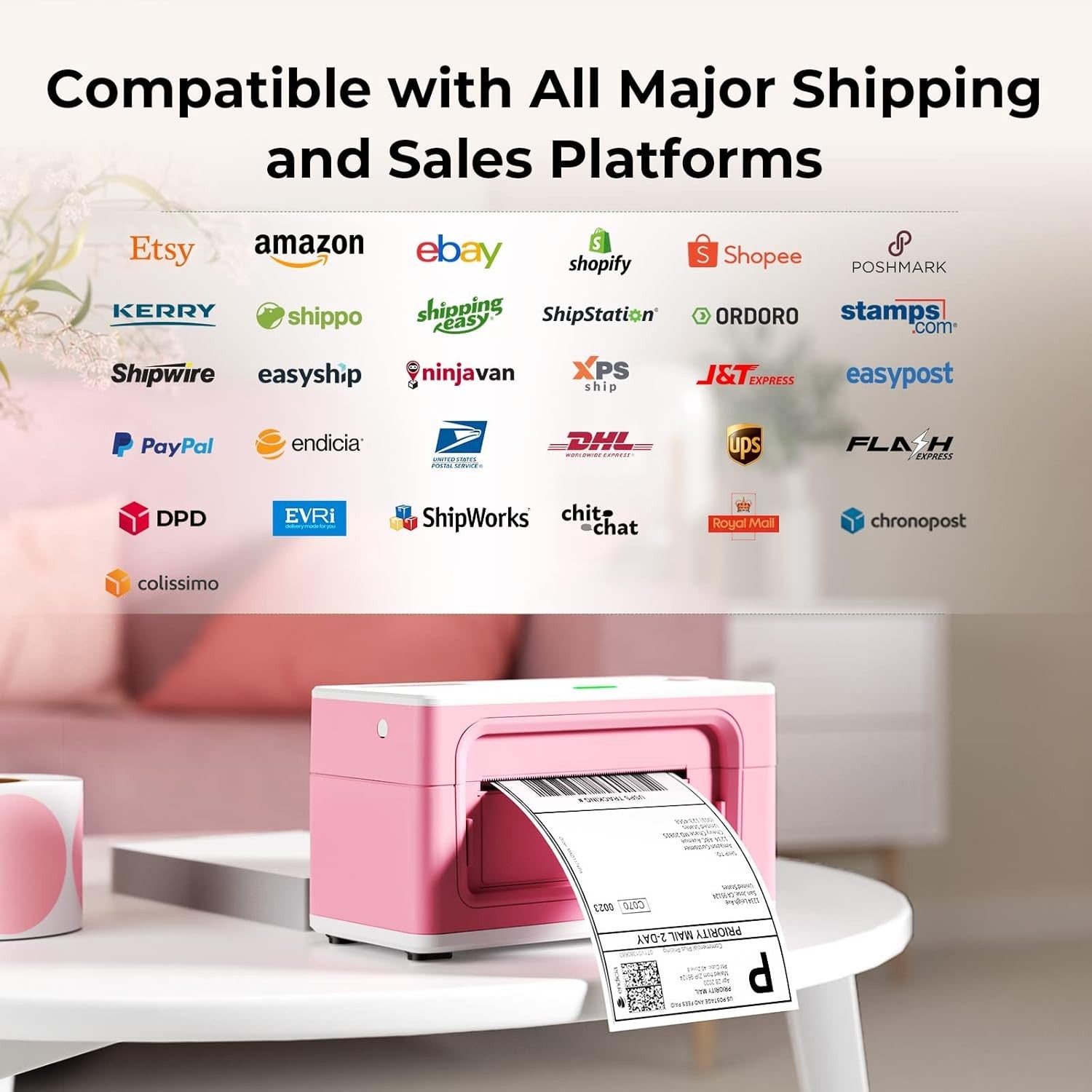 4x6 Bluetooth Thermal Label Printer Shipping Postage Pink