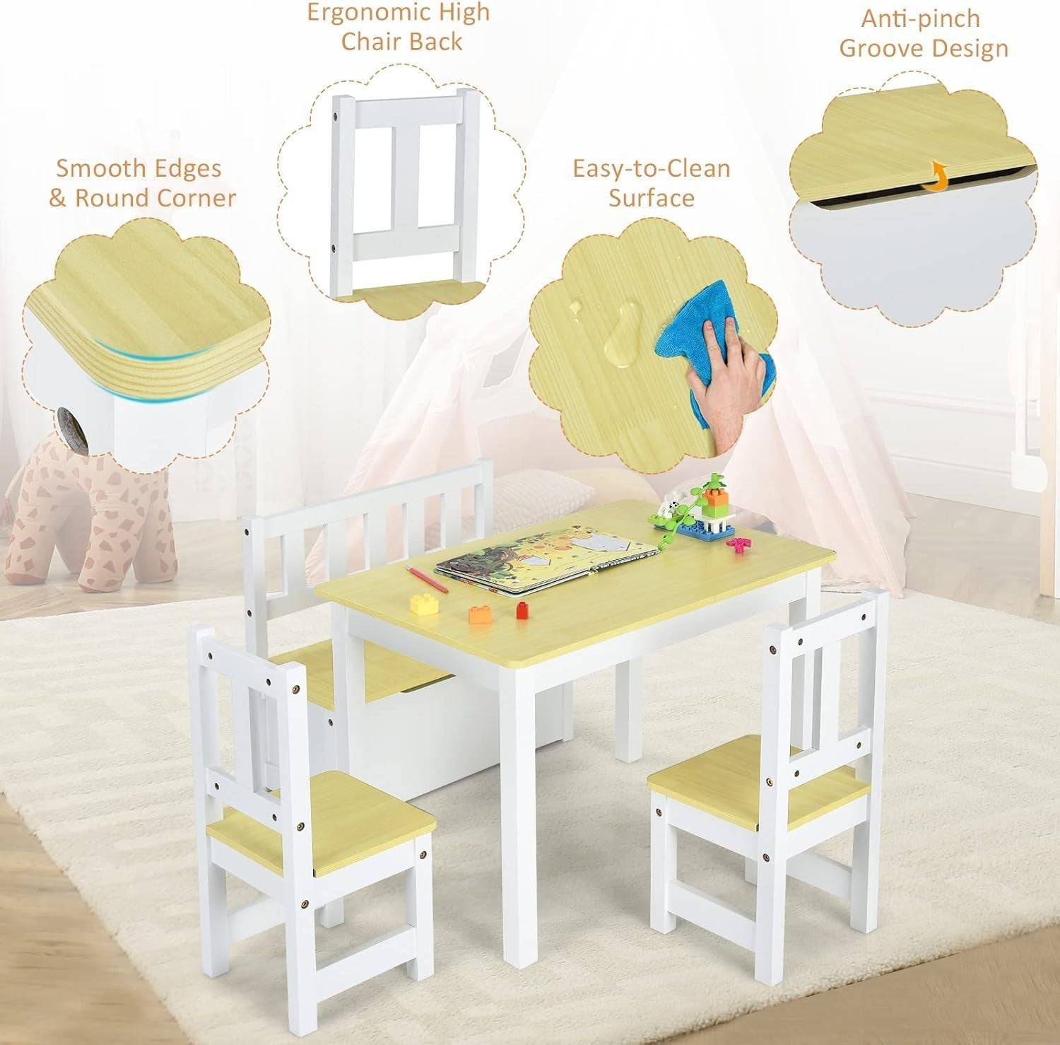 Kids Wooden Table Chair Set with Storage Bench 4pc Toddler Furniture