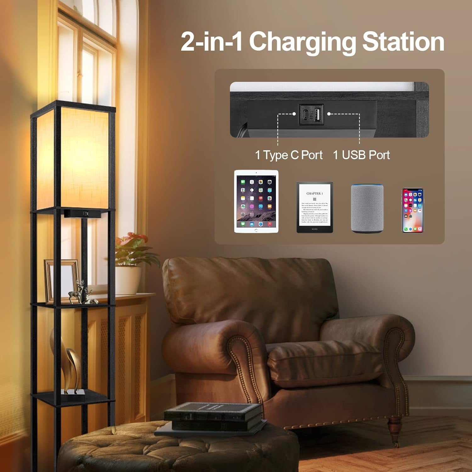 Floor Lamp with Shelves Remote USB LED Dimmable Standing Storage