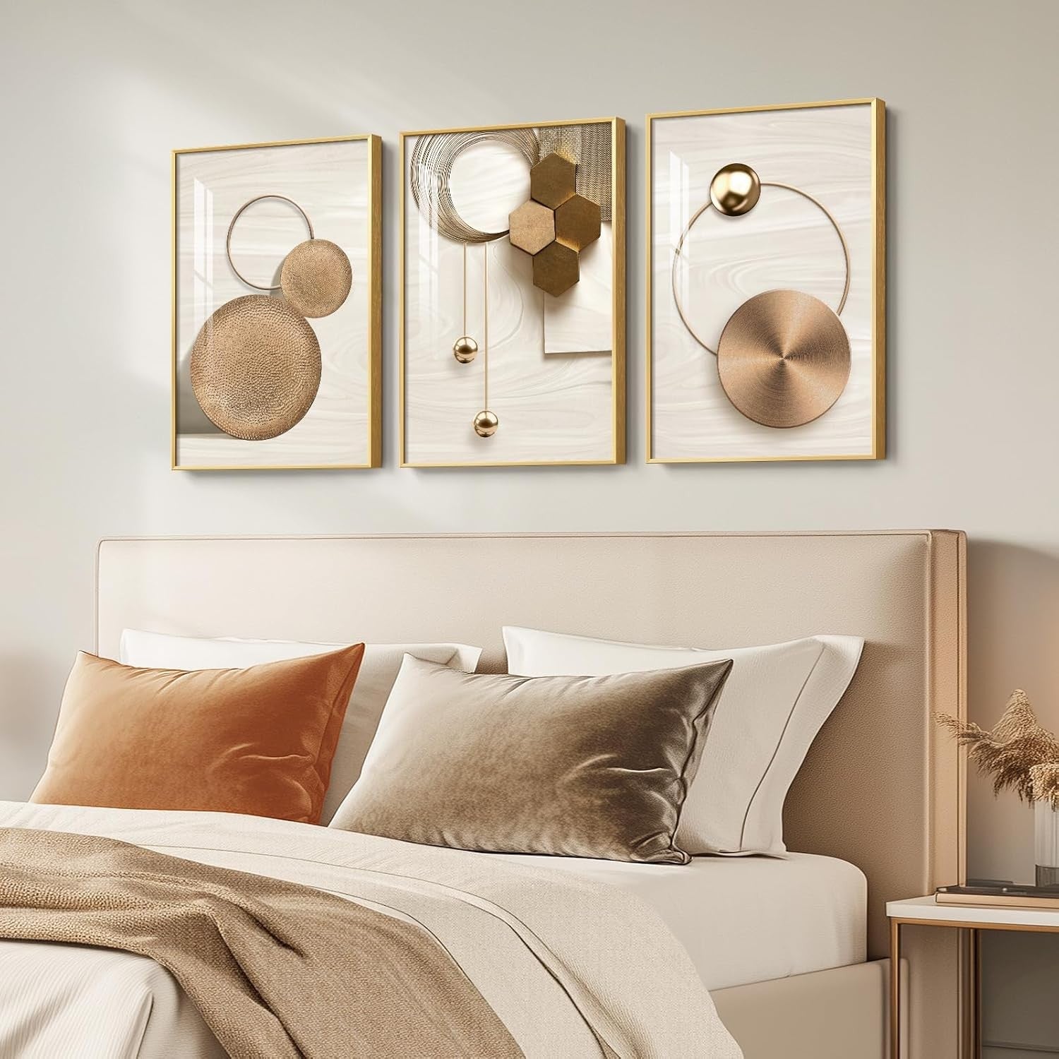 Framed Gold Wall Art Set of 3 Modern Geometric Prints