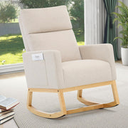 Beige Linen Rocking Chair for Adults with High Back, Storage & Wooden Legs