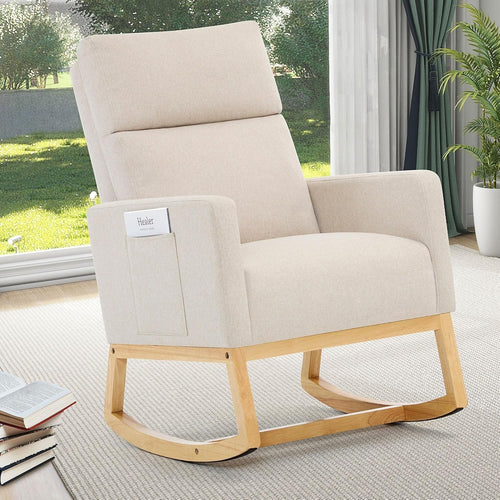 Beige Linen Rocking Chair for Adults with High Back, Storage & Wooden Legs