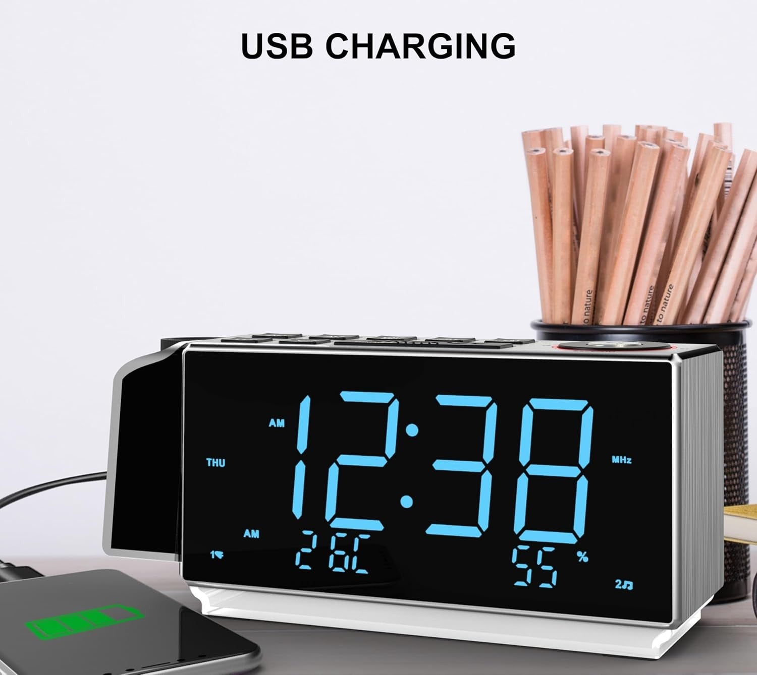 Projection Alarm Clock FM Radio Bluetooth Dual Alarm USB Charging Bedside