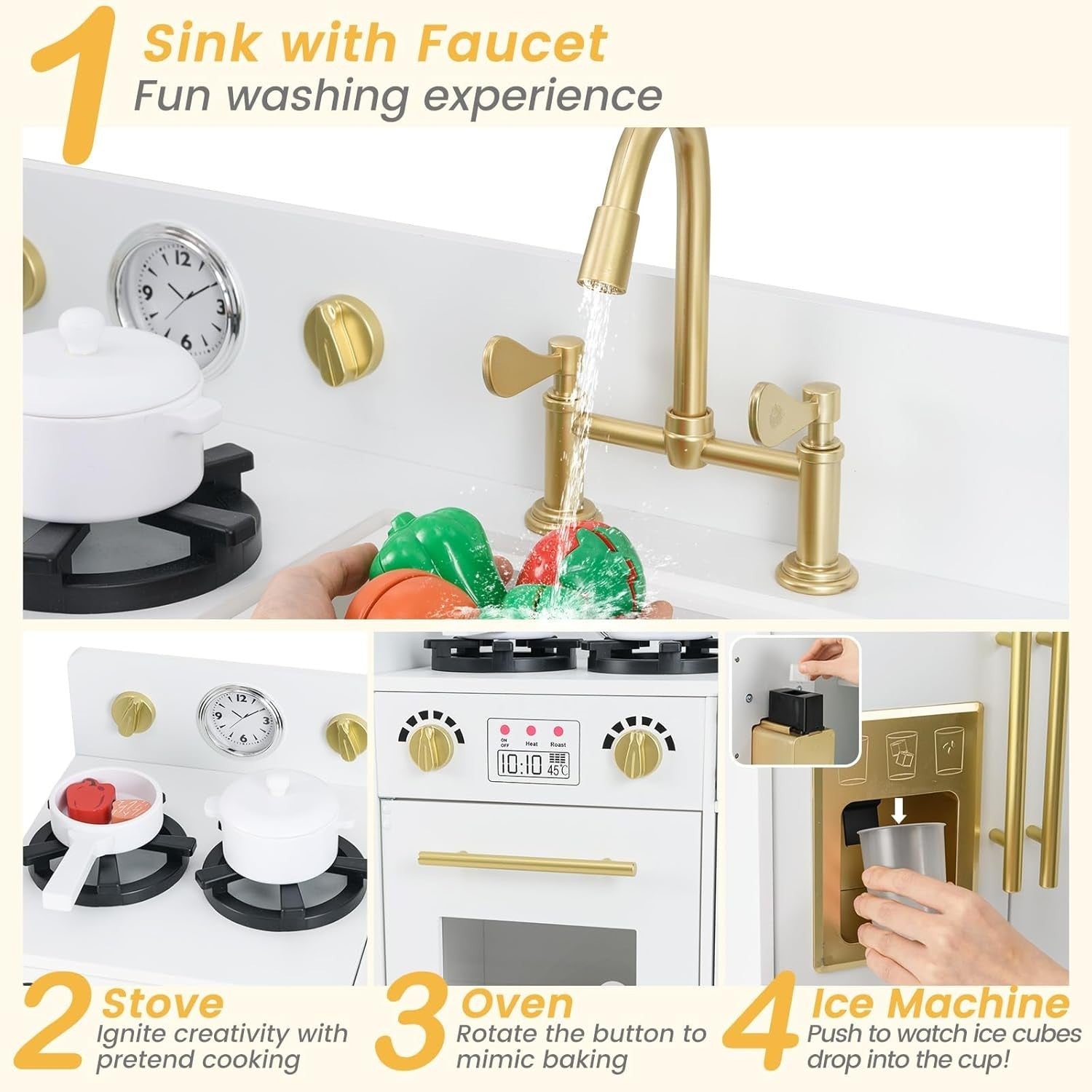 Wooden Kids Play Kitchen White w/ Fridge Ice Maker Accessories