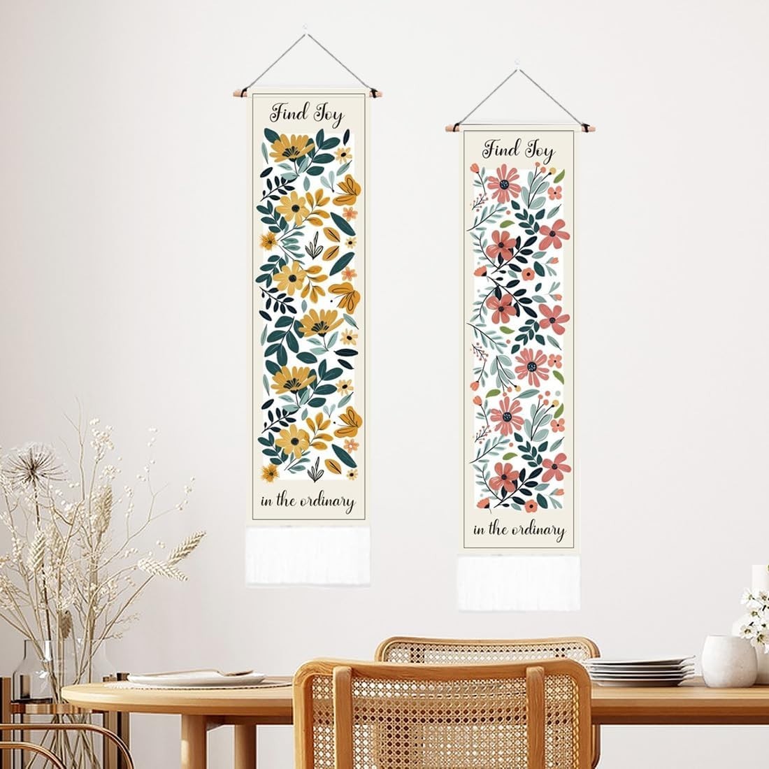 2-Pack Boho Pink & Yellow Floral 52"x13" Vertical Decor