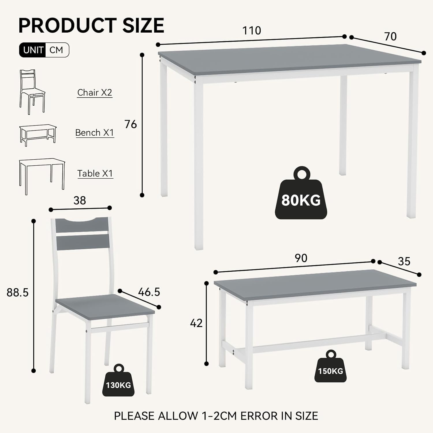 Space-Saving Grey Dining Table Set with 2 Chairs & Bench – Modern Kitchen