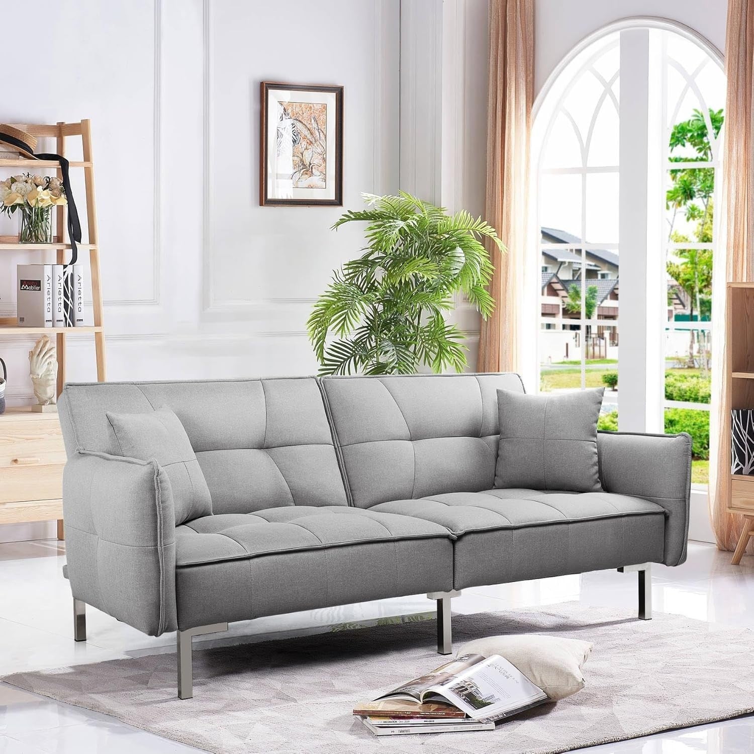 Grey Sofa Bed 3 Seater Click Clack Recliner with Arms & Cushions