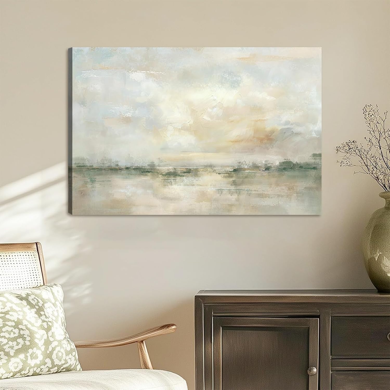 Abstract Neutral Canvas Wall Art Framed Modern Watercolor Landscape Decor