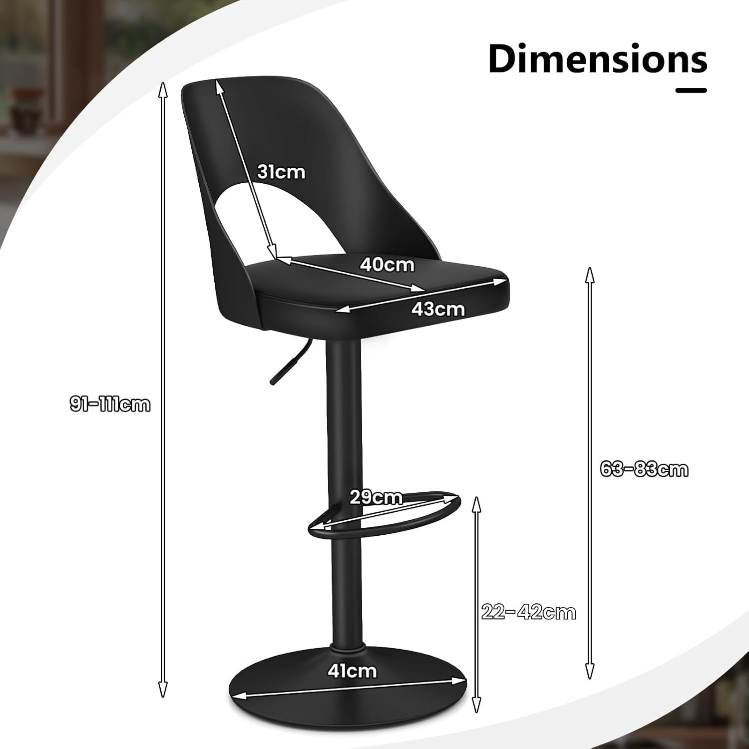 Set of 2 Adjustable Black PU Leather Swivel Bar Stools for Kitchen Counter