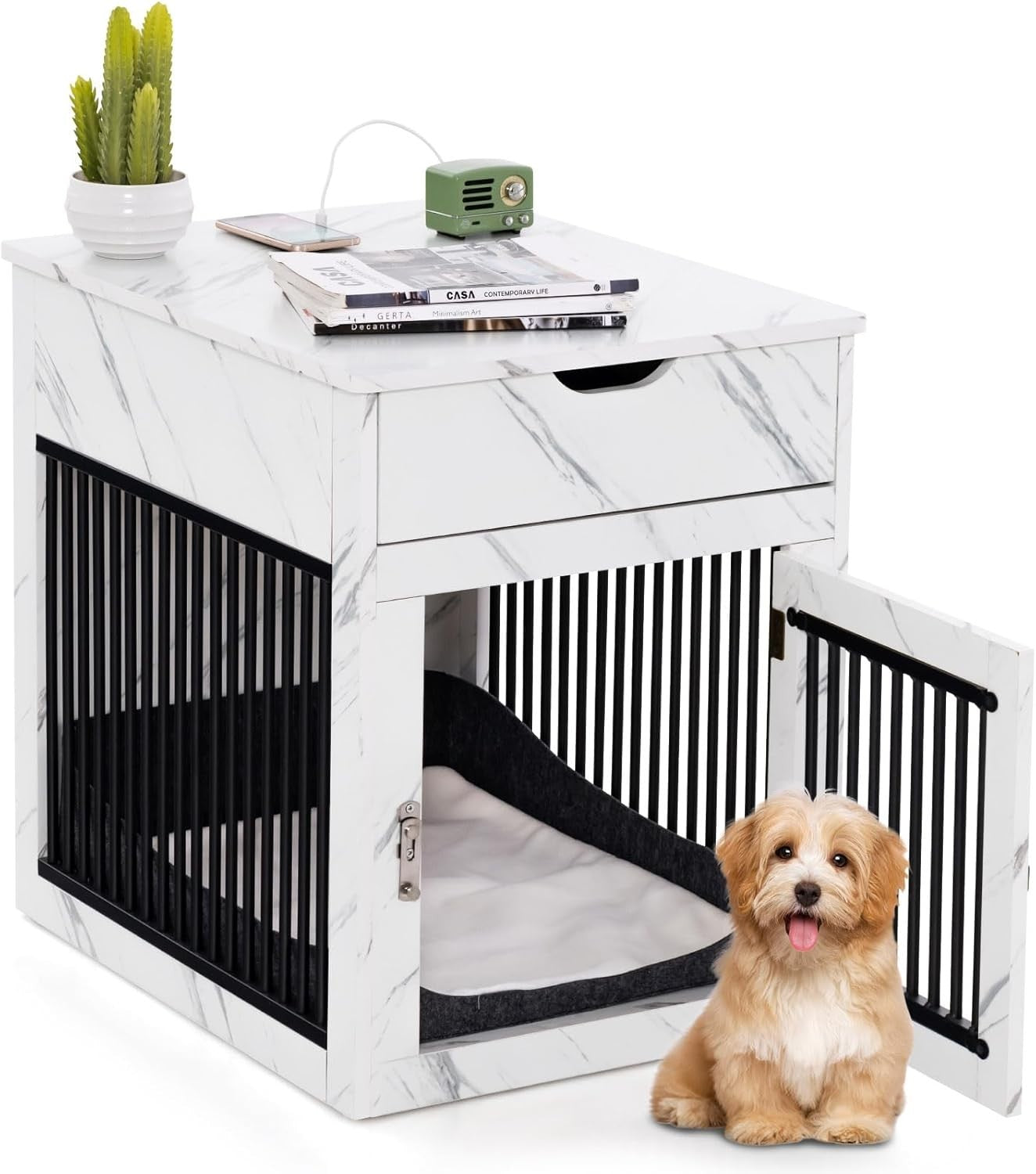 Wooden Dog Crate with Drawer & Wireless Charging Table Indoor Pet Kennel 64cm