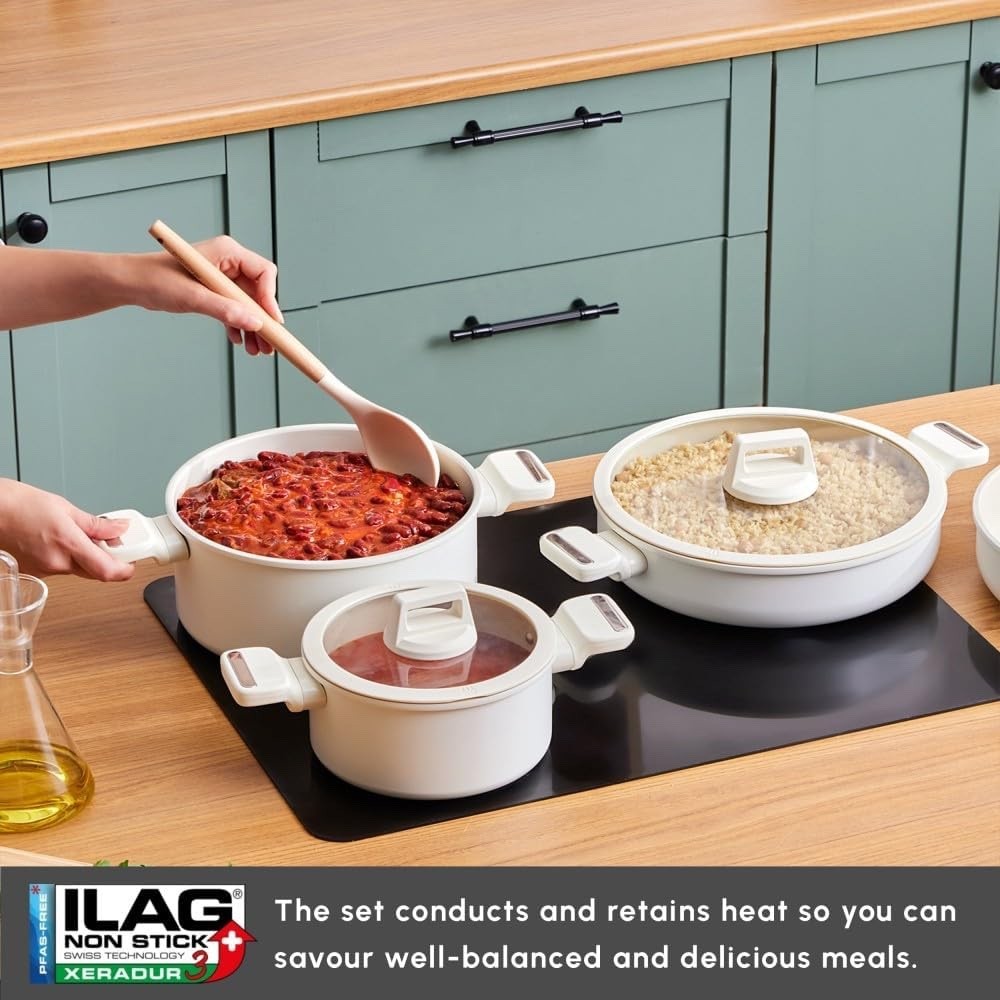 7Pcs White Ceramic Induction Cookware Set with Lids, Non Stick, Dishwasher Safe