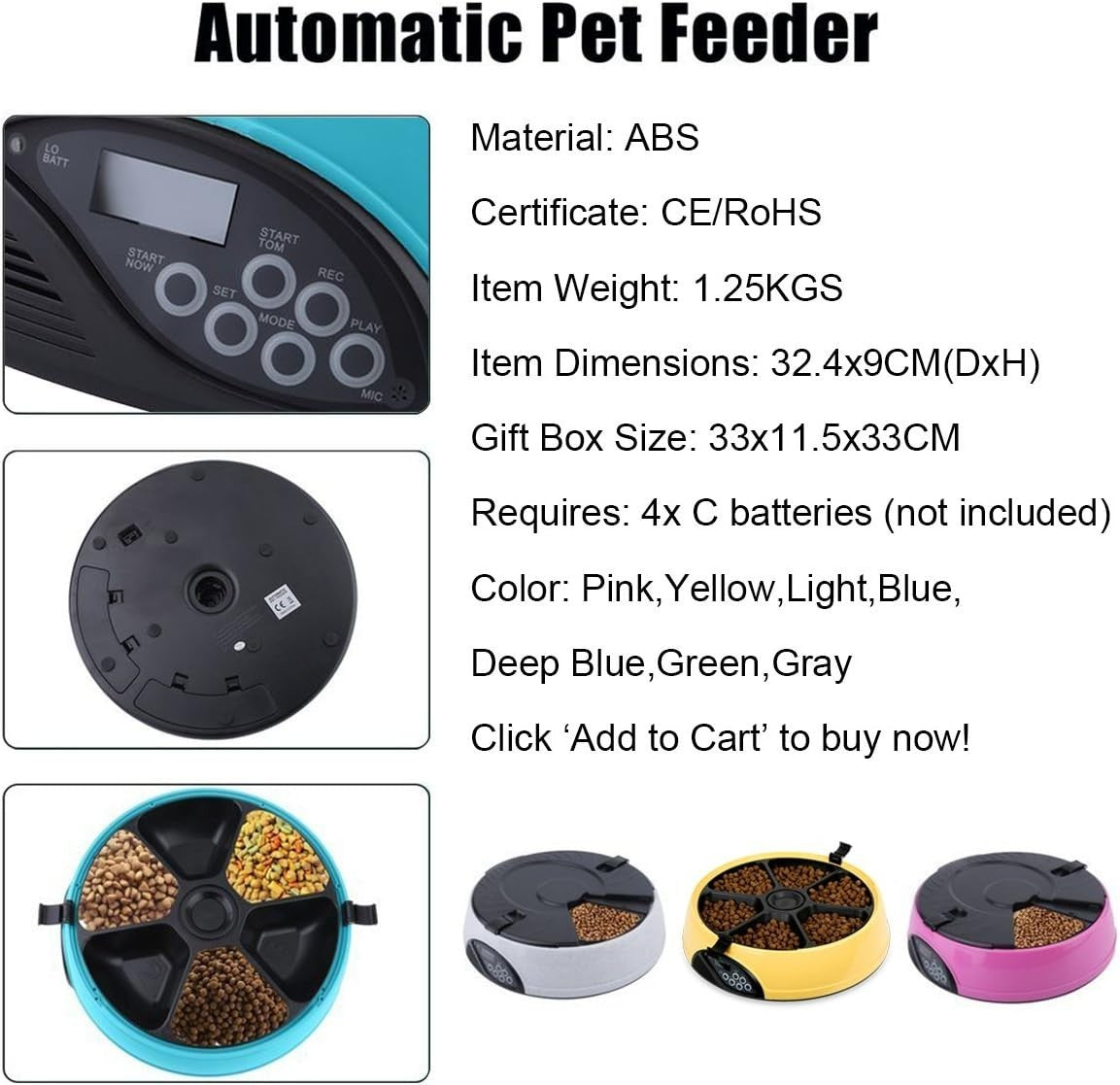Automatic Pet Feeder 6 Meal Programmable Food Dispenser Voice Recorder LCD