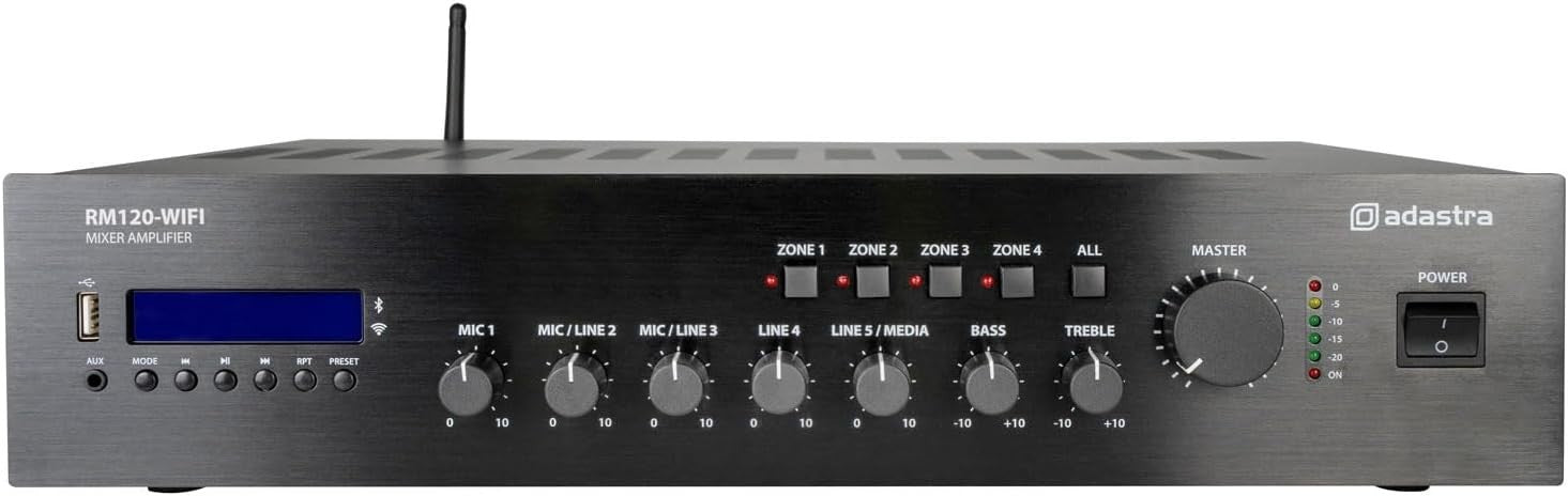RM-Series 100V Mixer Amplifier 120W 5-Channel WiFi Bluetooth Rack Mount