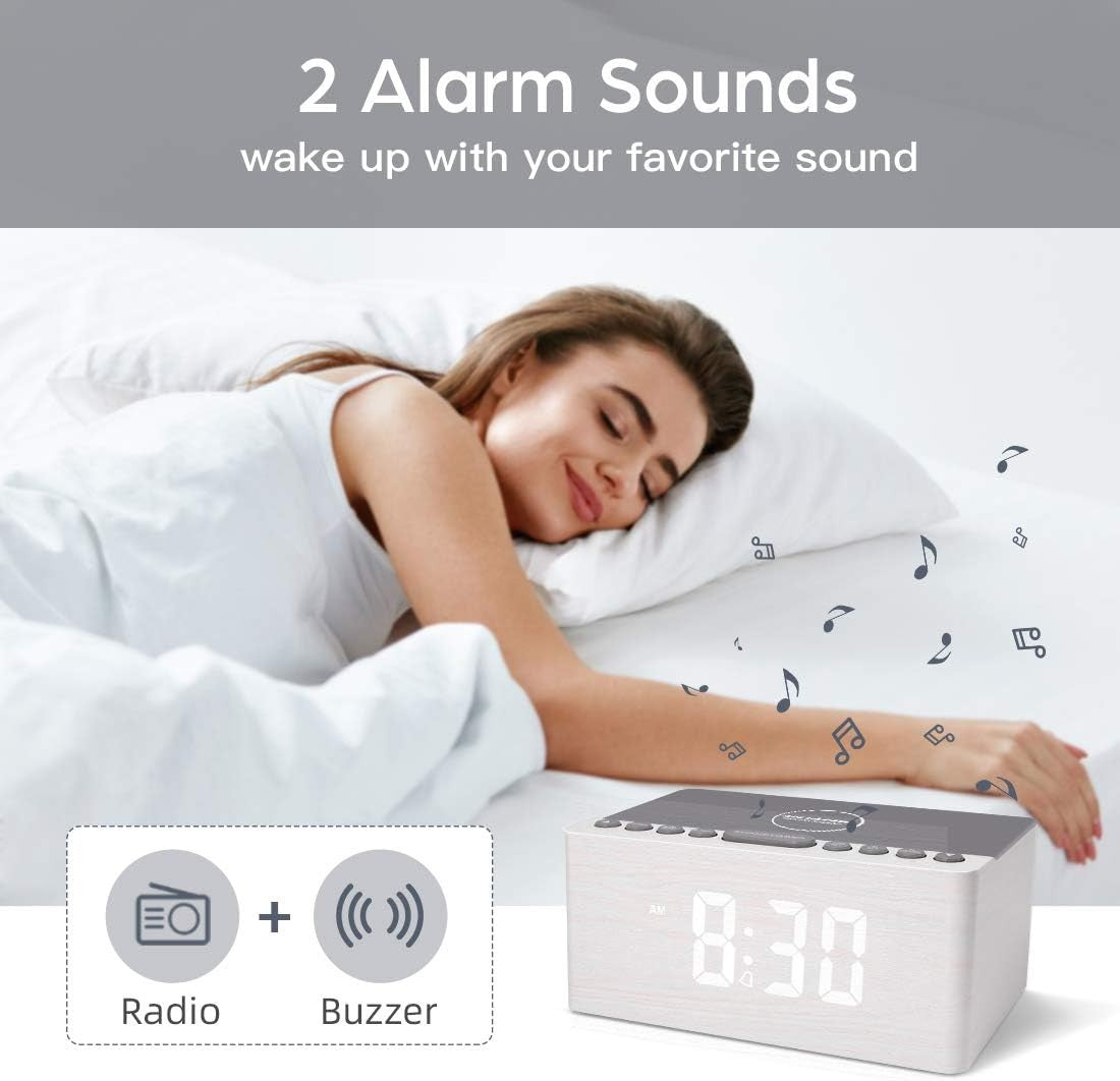 Wireless Charging Alarm Clock FM Radio USB Dimmable LED Wooden Bedside