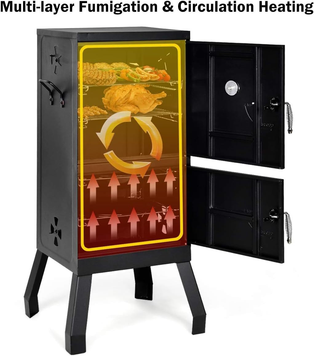 Charcoal BBQ Smoker Grill with Thermometer 2 Door Outdoor Roaster Cooking Oven
