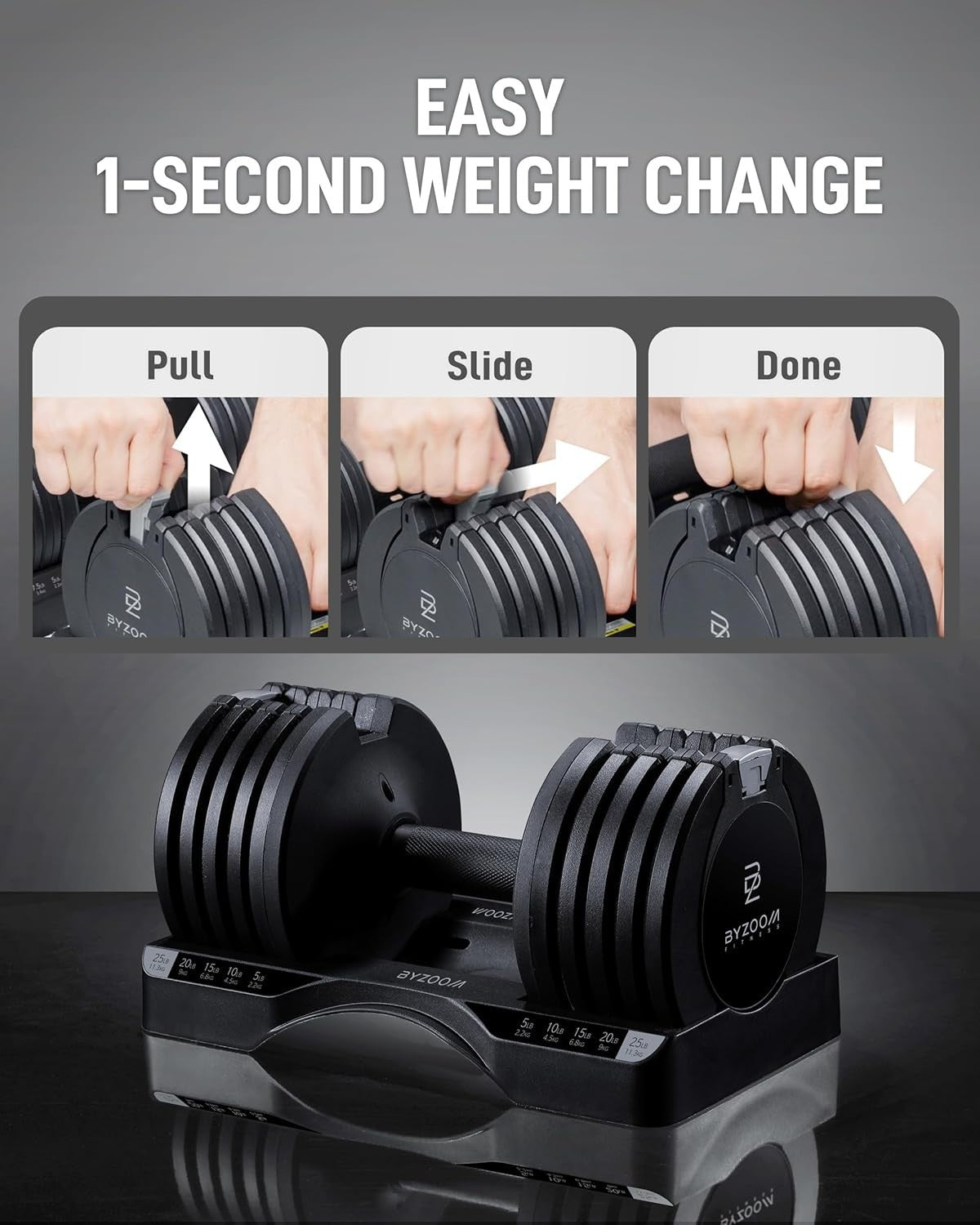 Single Adjustable Dumbbell 25lb 5-in-1 Quick Select Smart Home Gym Weight
