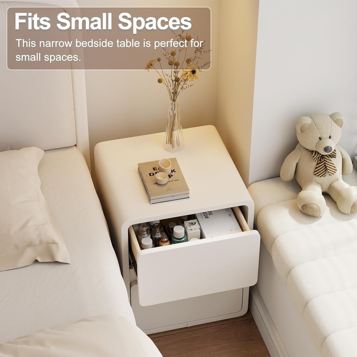 Wide White Bedside Table with 2 Drawers, Modern Leather-Finish