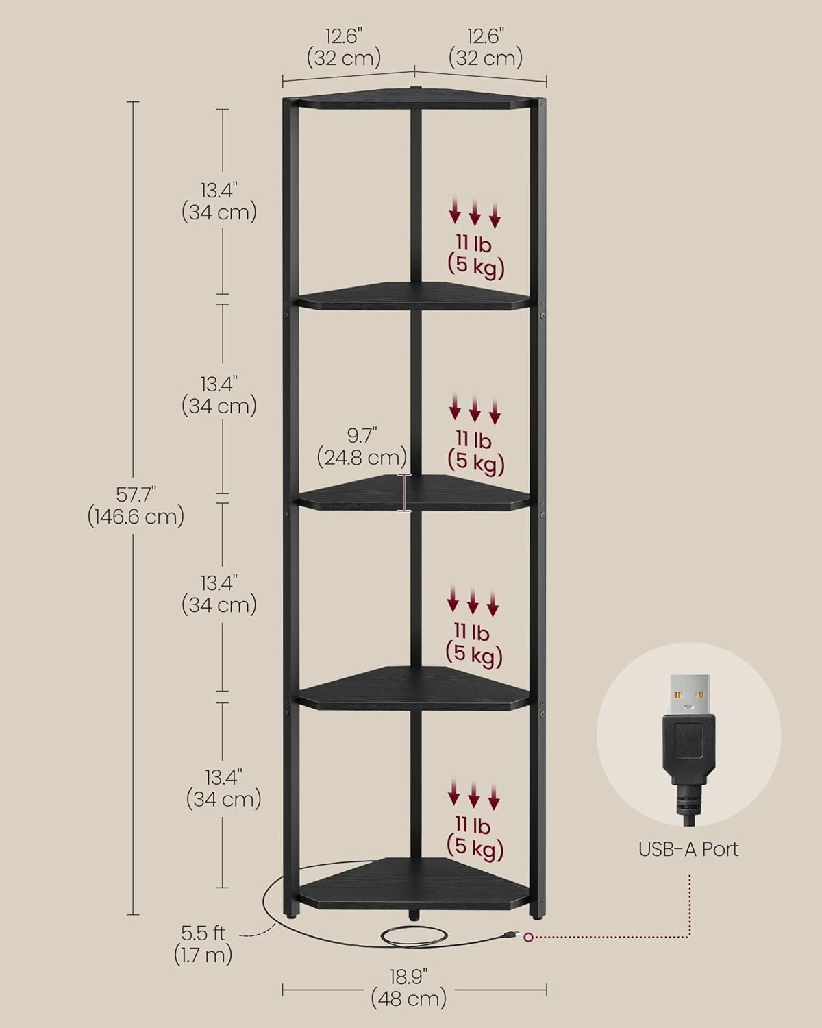 5-Tier Corner Shelf with LED Lights | Modern Slim Display Unit for Living Room
