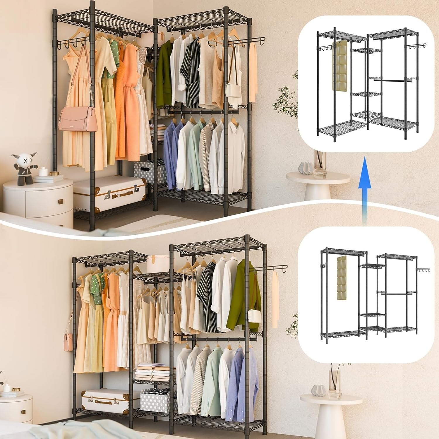 Heavy Duty Garment Rack 7 Tier Shelves 4 Rods Organizer Black