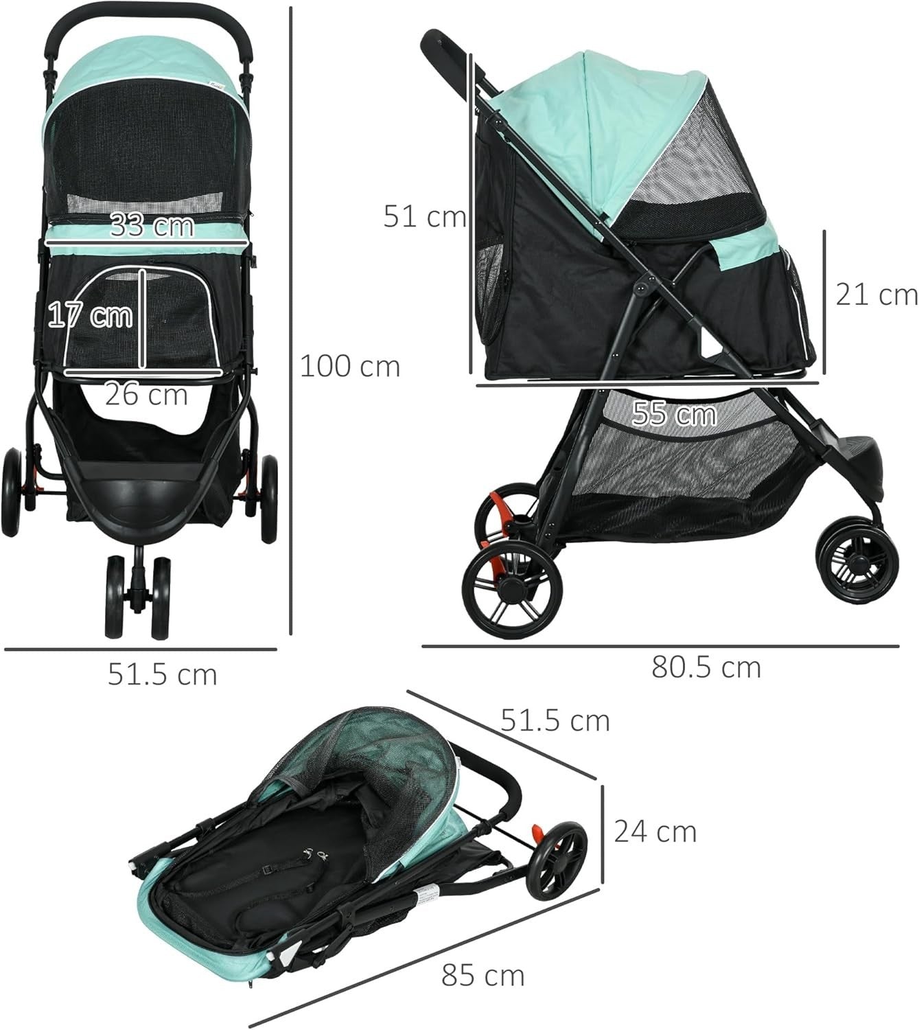 Green 3 Wheel Dog Pushchair Foldable Pet Pram with Rain Cover