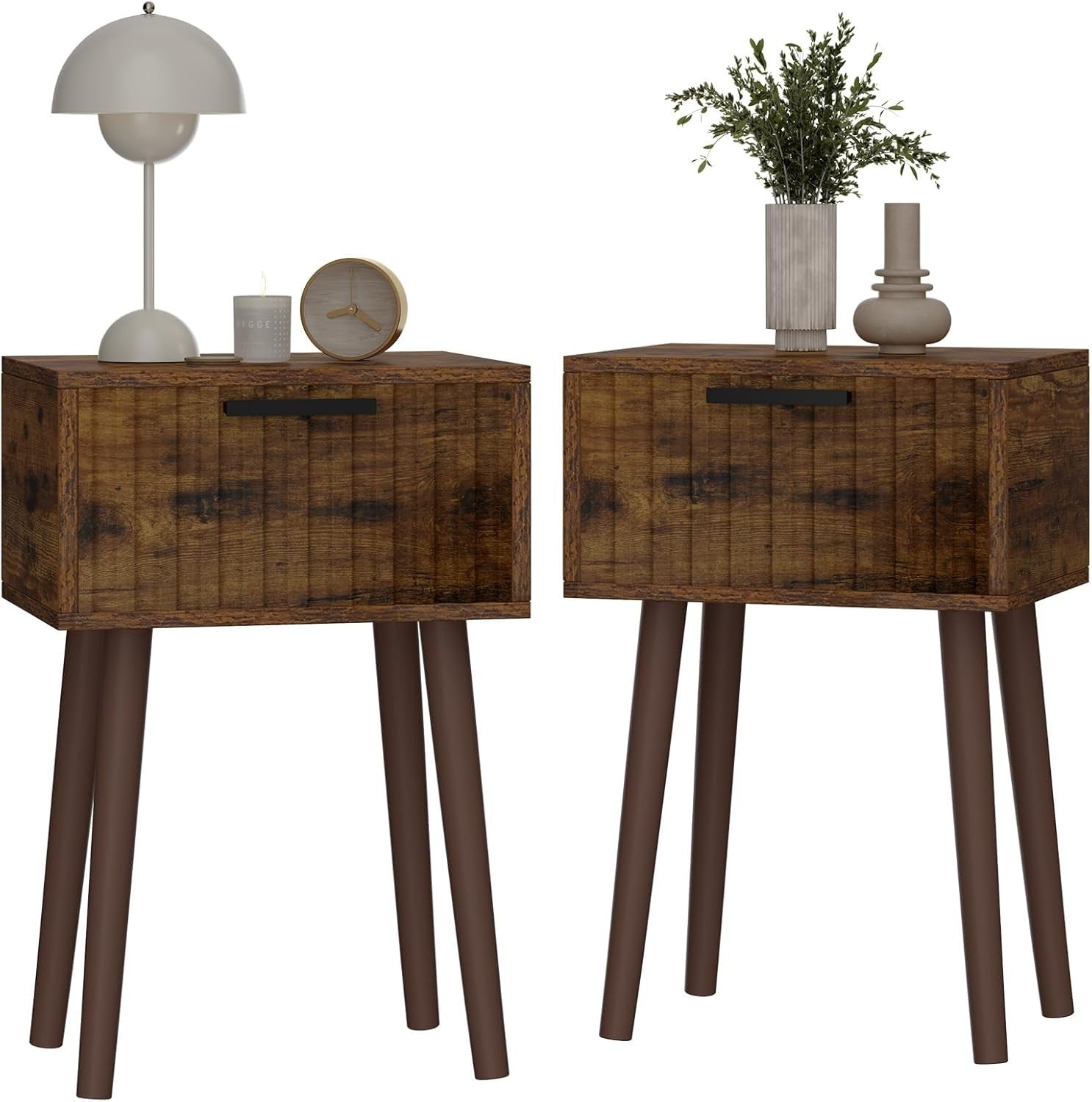 Rustic Wood Bedside Tables Set of 2 – Small Nightstands with Drawer & Tall Legs