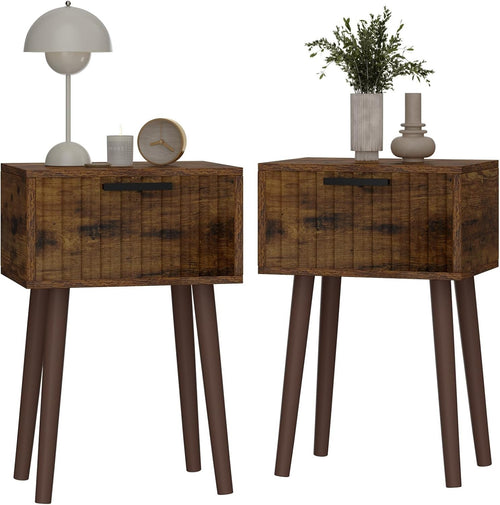 Rustic Wood Bedside Tables Set of 2 – Small Nightstands with Drawer & Tall Legs