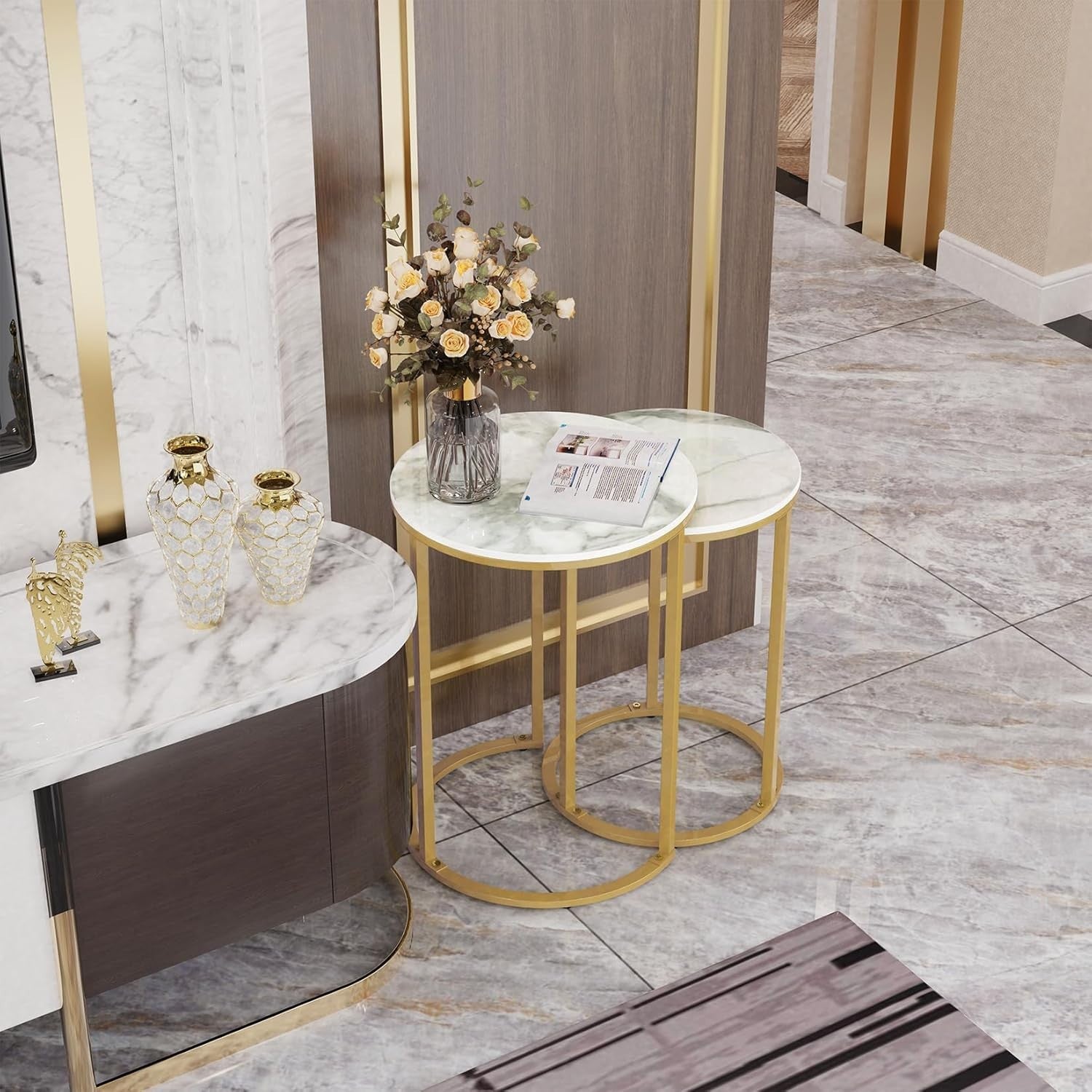 Round Gold Side End Table Marble Top Living Room Sofa Bedside C-Shape Nesting