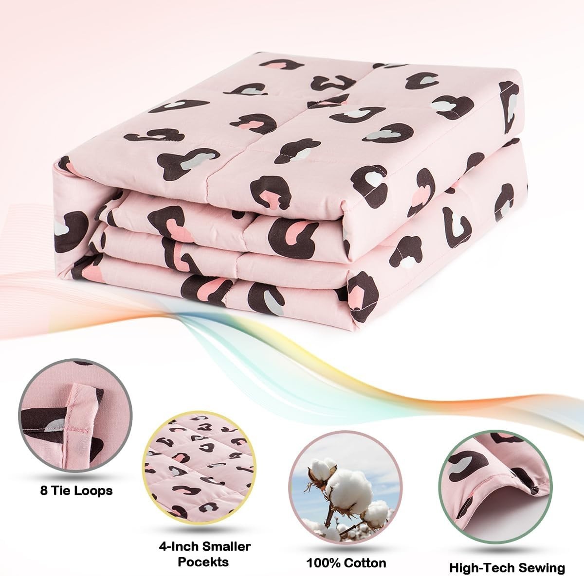 1.4kg Weighted Blanket Pink Leopard 90x120cm 100% Cotton for Calming Sleep