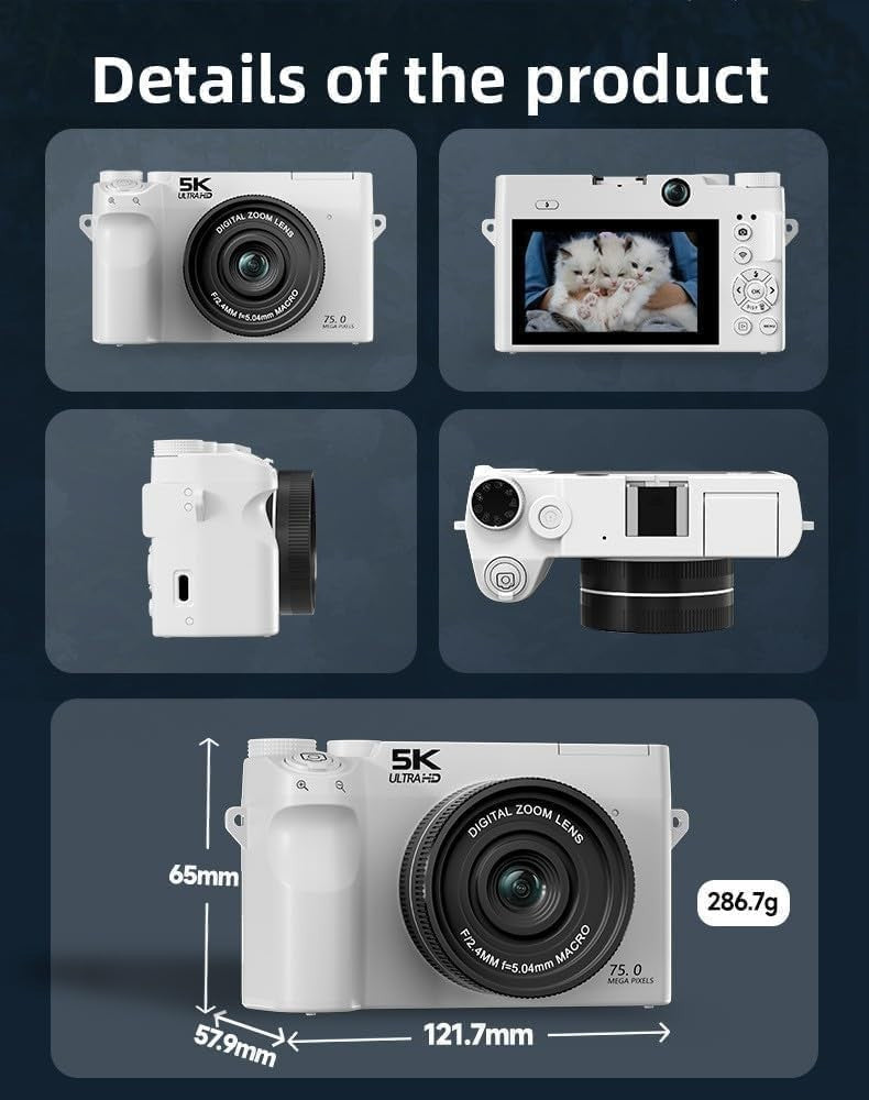 5K 75MP Digital Camera 3” Screen Vlogging Camera 32GB Compact Black