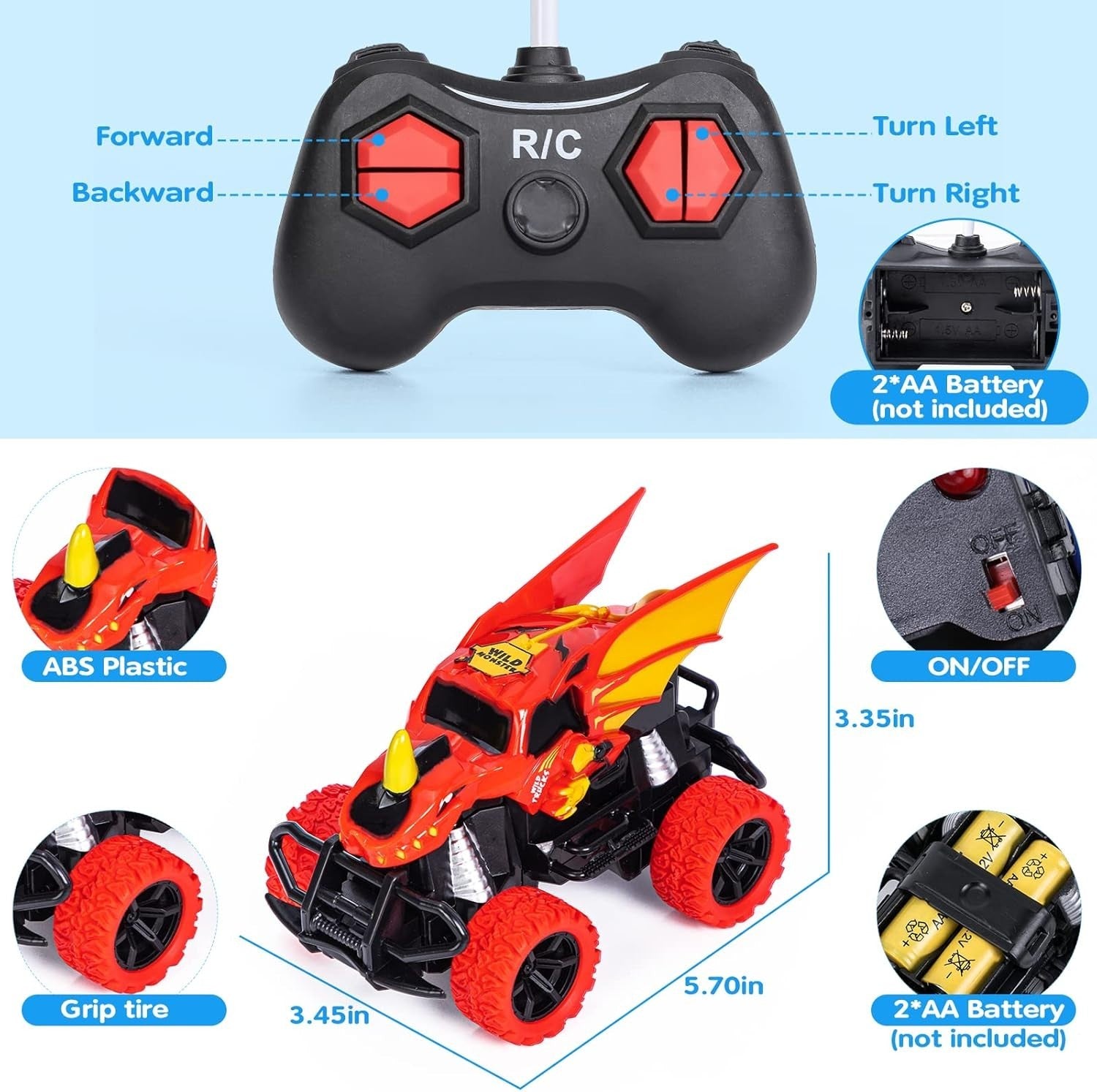 Dinosaur RC Car 4-Channel Remote Control Monster Truck LED Lights Toy for Kids 3