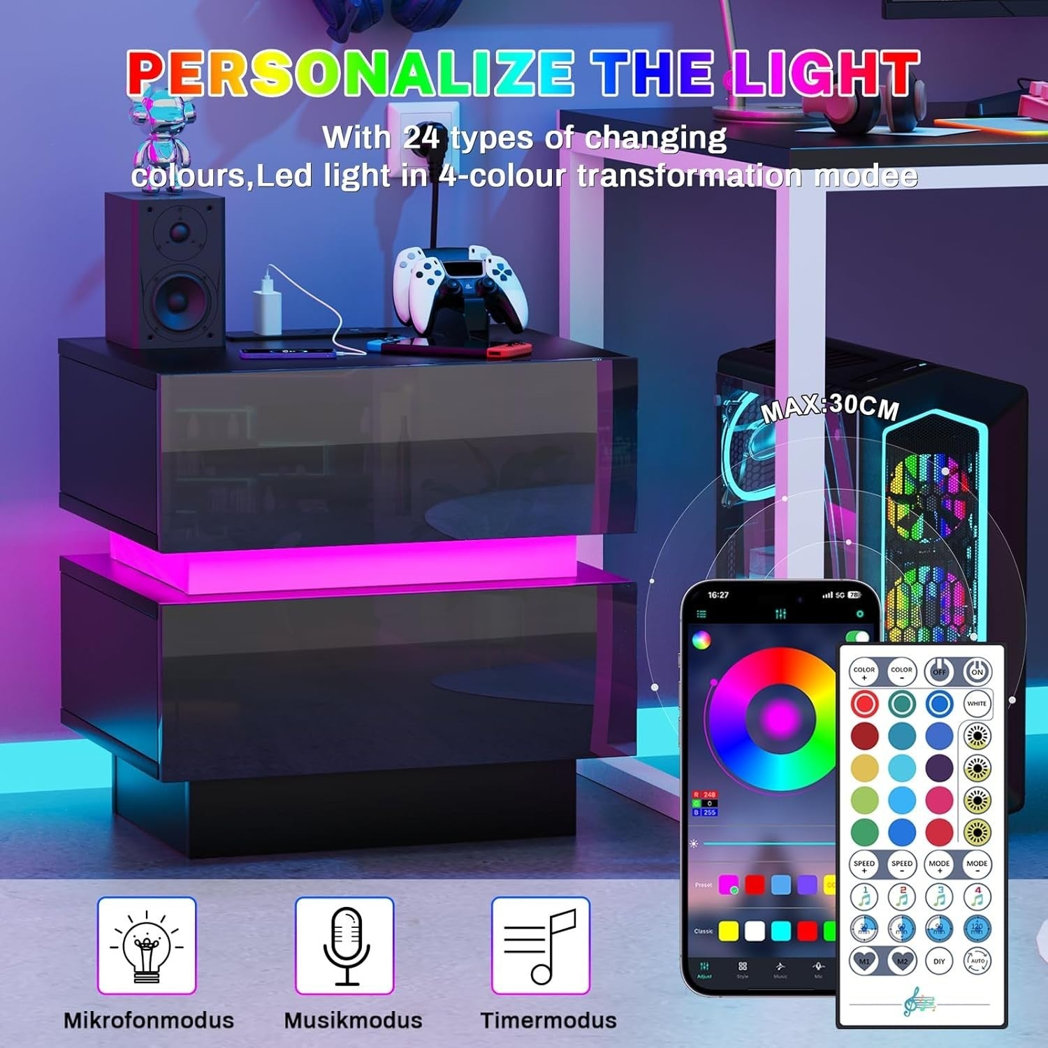 Modern Black LED Bedside Table with USB Charging Ports, Power Socket & 2 Drawers