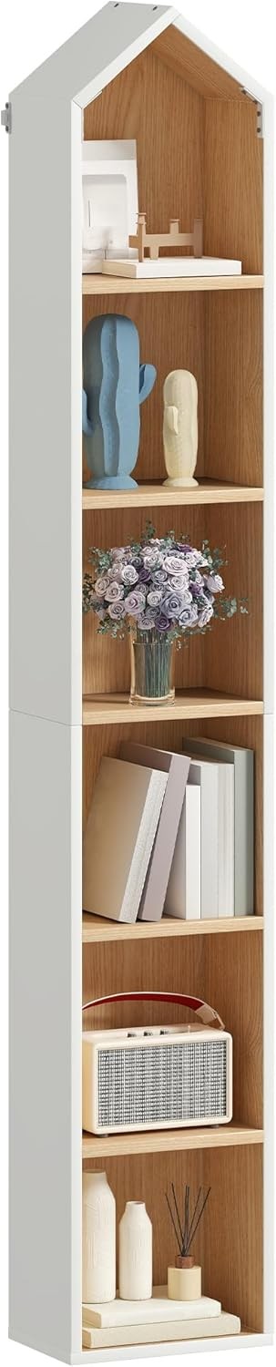 Tall Narrow House-Shaped 6-Tier Corner Bookshelf Space-Saving Display Unit White